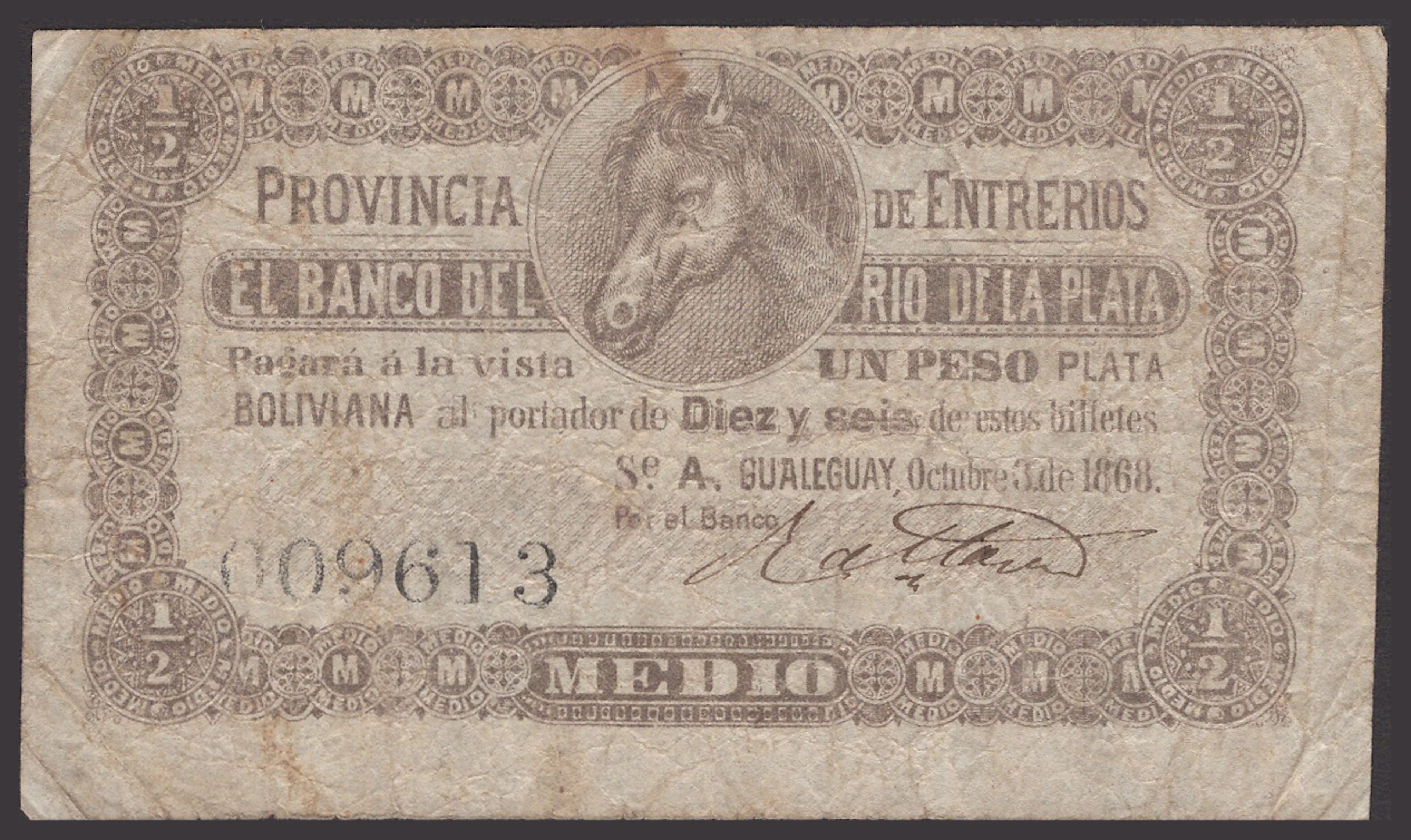 El Banco del Rio de la Plata, Provincia de Entrerios, 1 Peso Plata