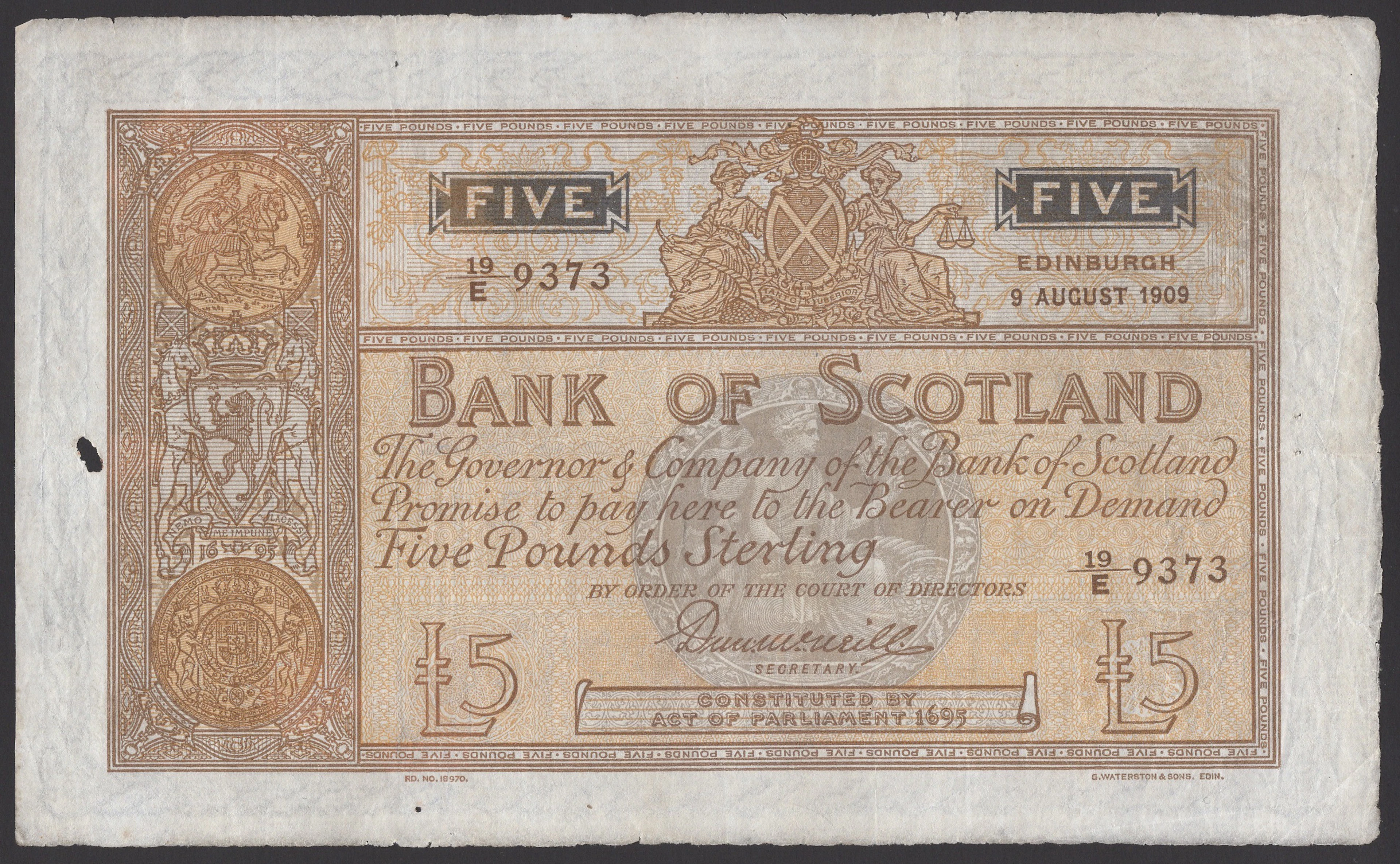 Bank of Scotland, £5, 9 August 1909, serial number 19/E 9373, McNeill