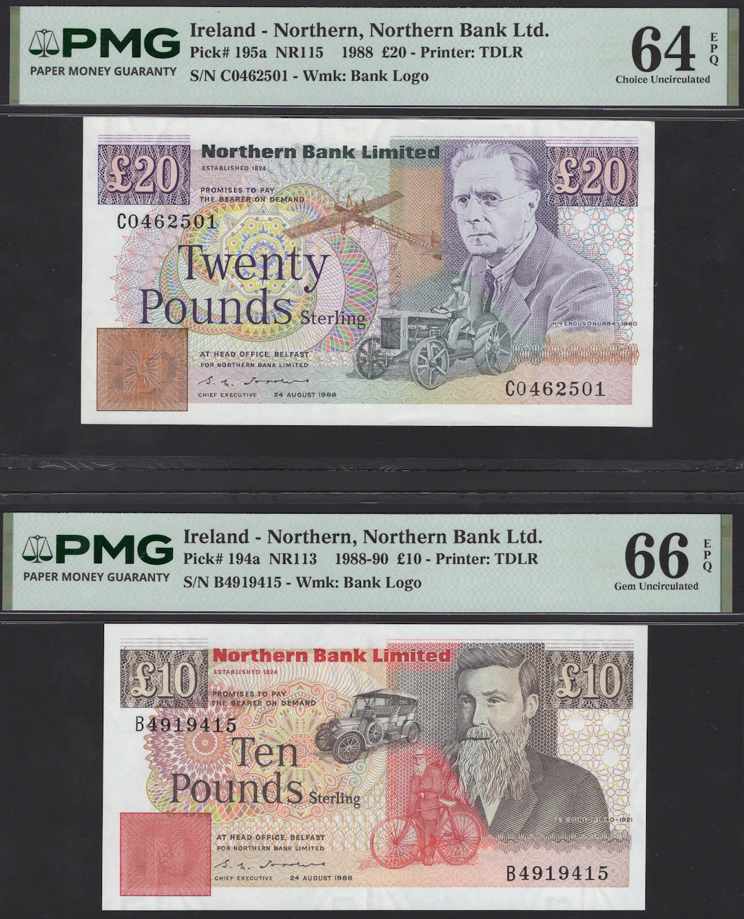 Northern Bank Limited, £5, £10, and £20, 24 August 1988, serial numbers