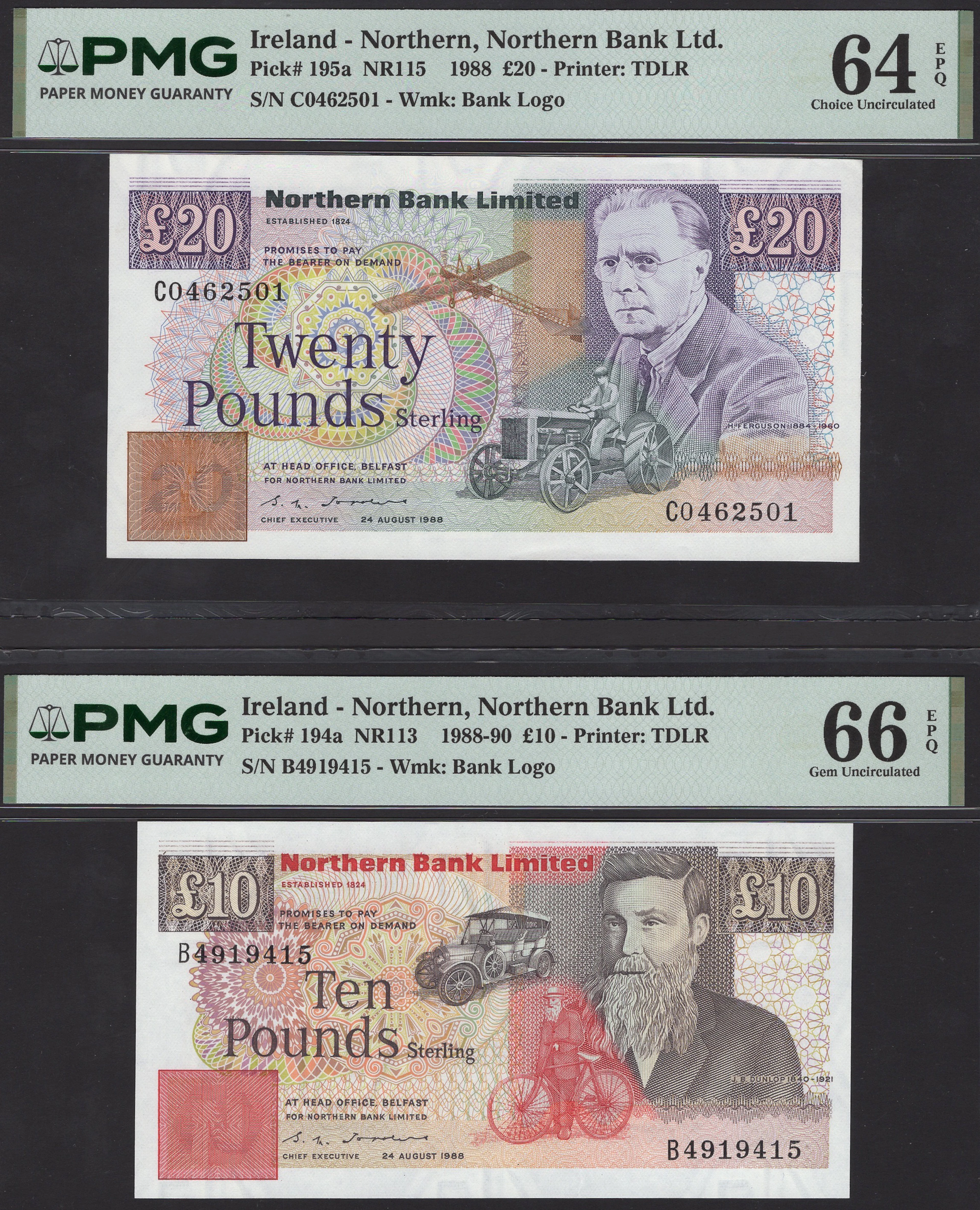 Northern Bank Limited, £5, £10, and £20, 24 August 1988, serial numbers