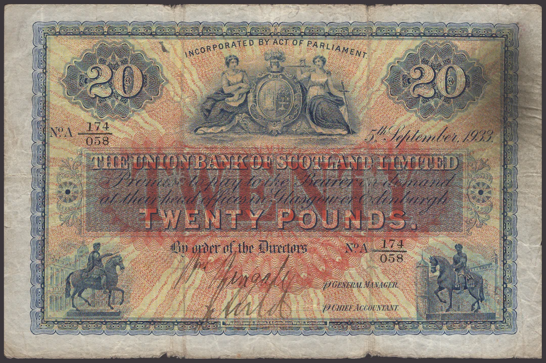Union Bank of Scotland, £20, 5 September 1933, serial number A 174/058