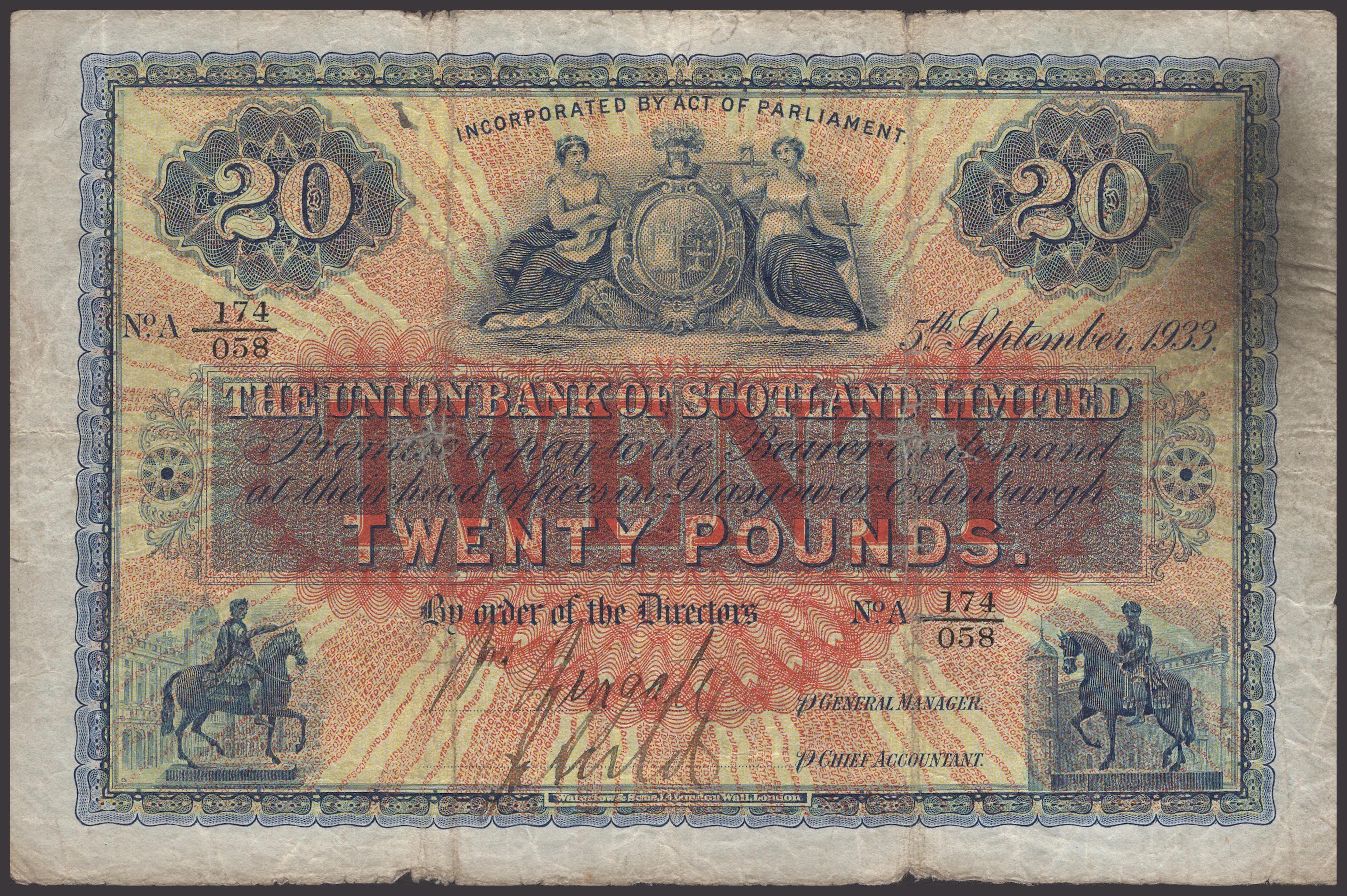 Union Bank of Scotland, £20, 5 September 1933, serial number A 174/058