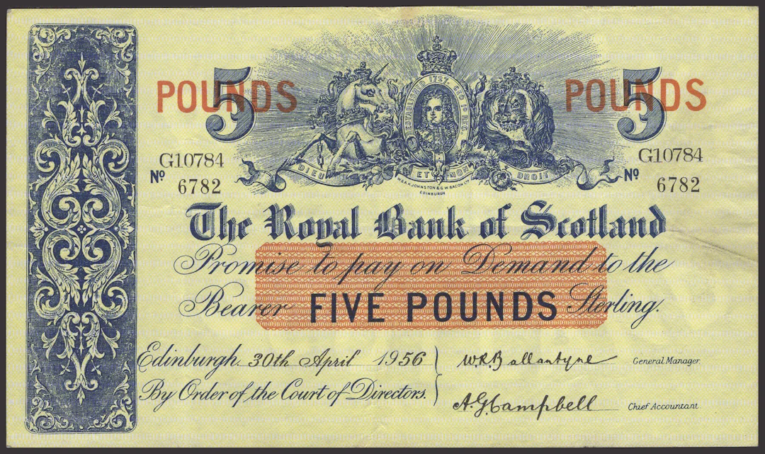 Royal Bank of Scotland, £1 (7), 1 November 1955, prefix AH, 1 December