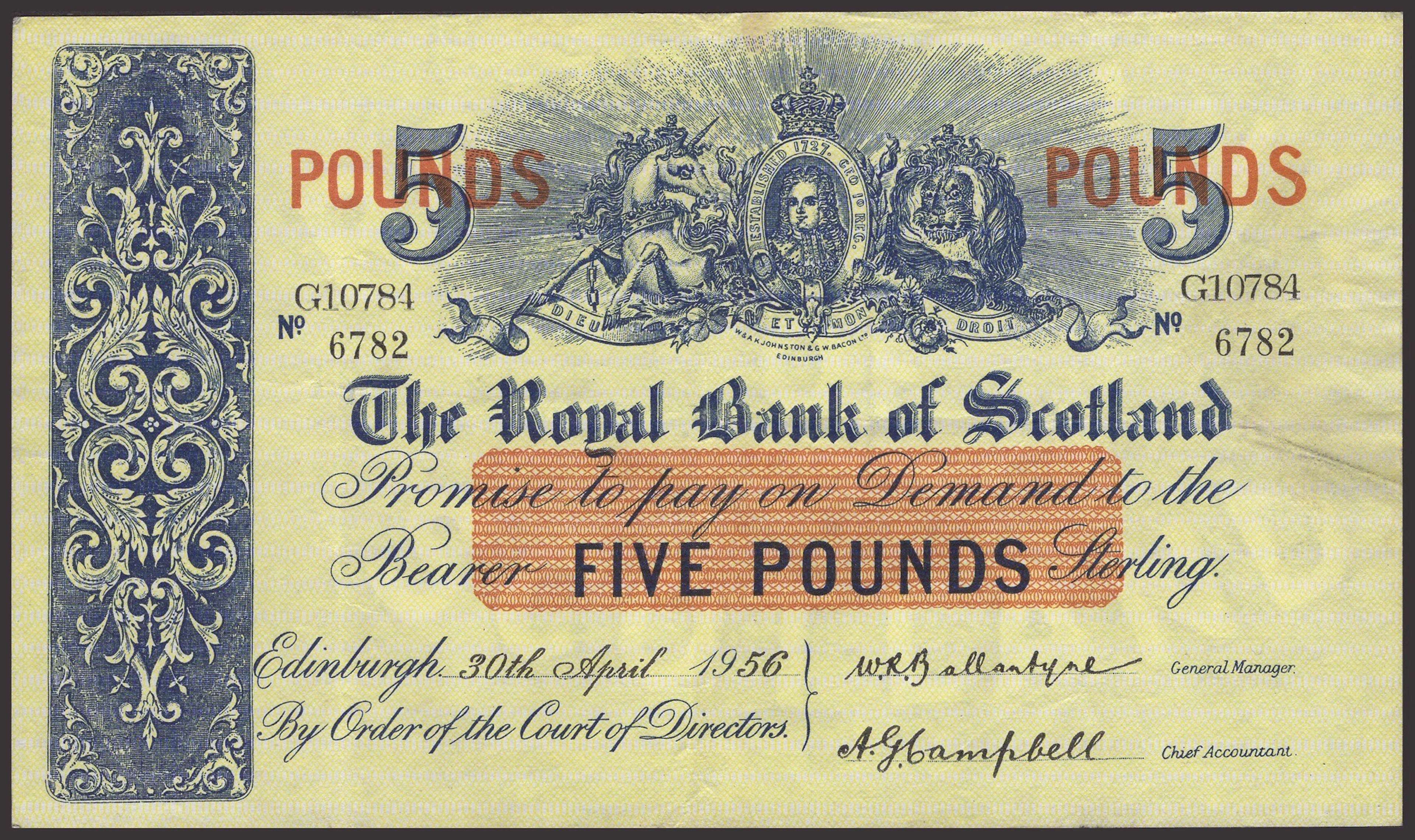 Royal Bank of Scotland, £1 (7), 1 November 1955, prefix AH, 1 December