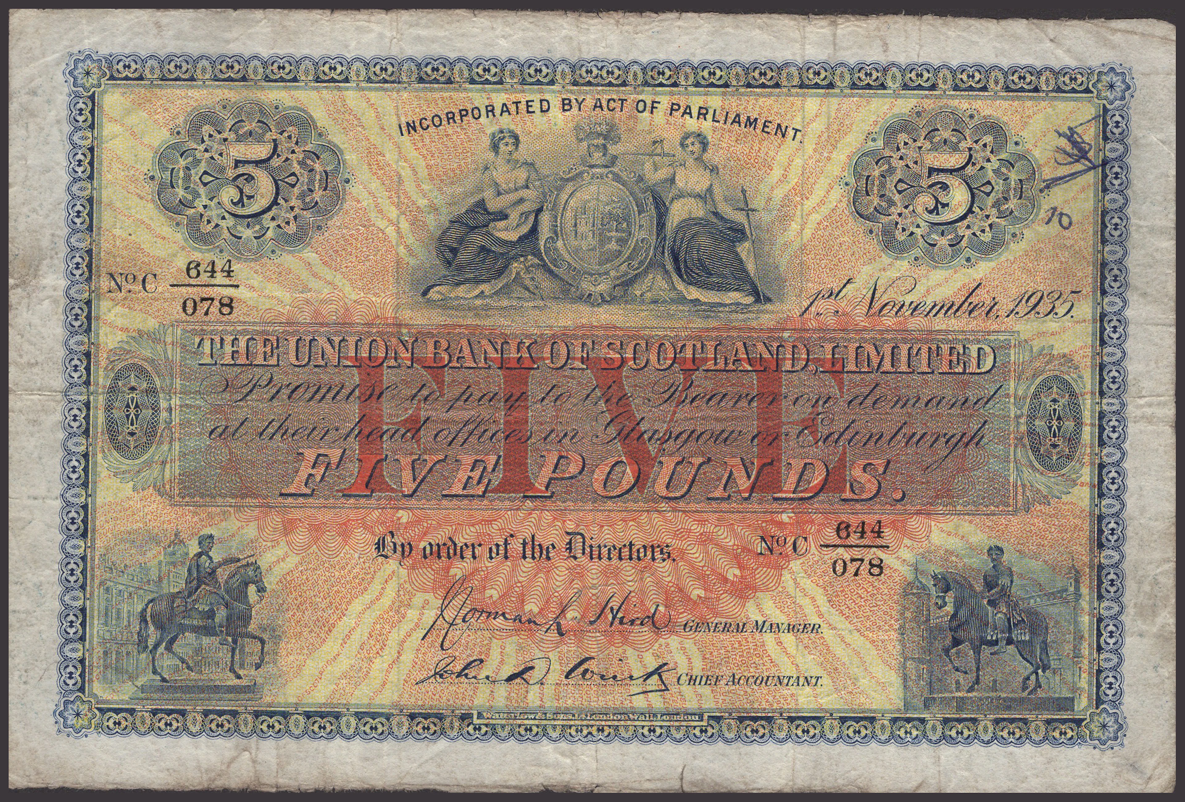Union Bank of Scotland, £5, 1 November 1935, serial number C 644/078