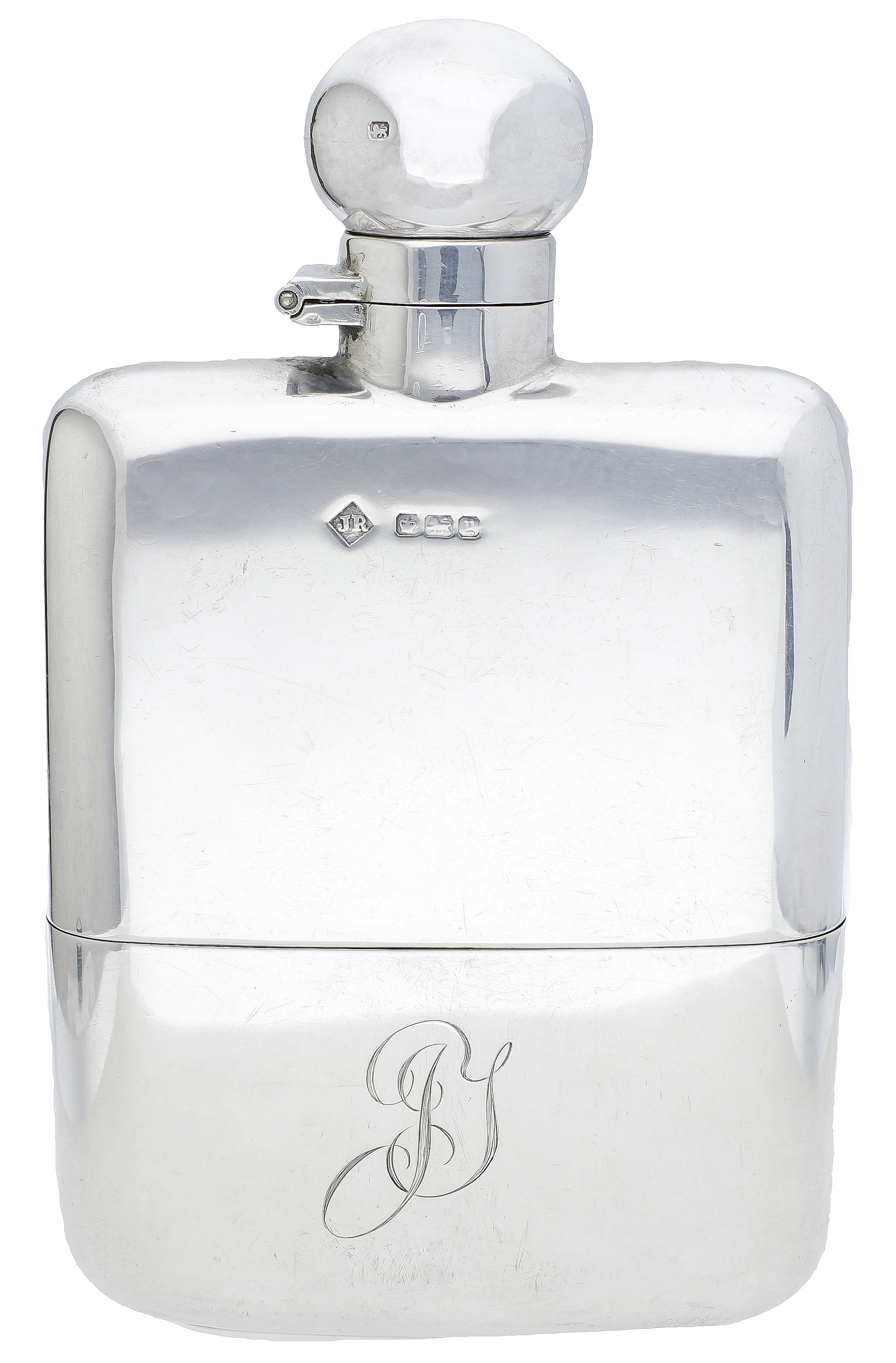 A George V silver hip flask, with hinged cap and detachable sleeve