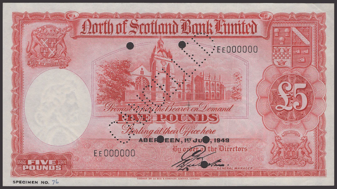 North of Scotland Bank Limited, specimen £5, 1 July 1949, serial number