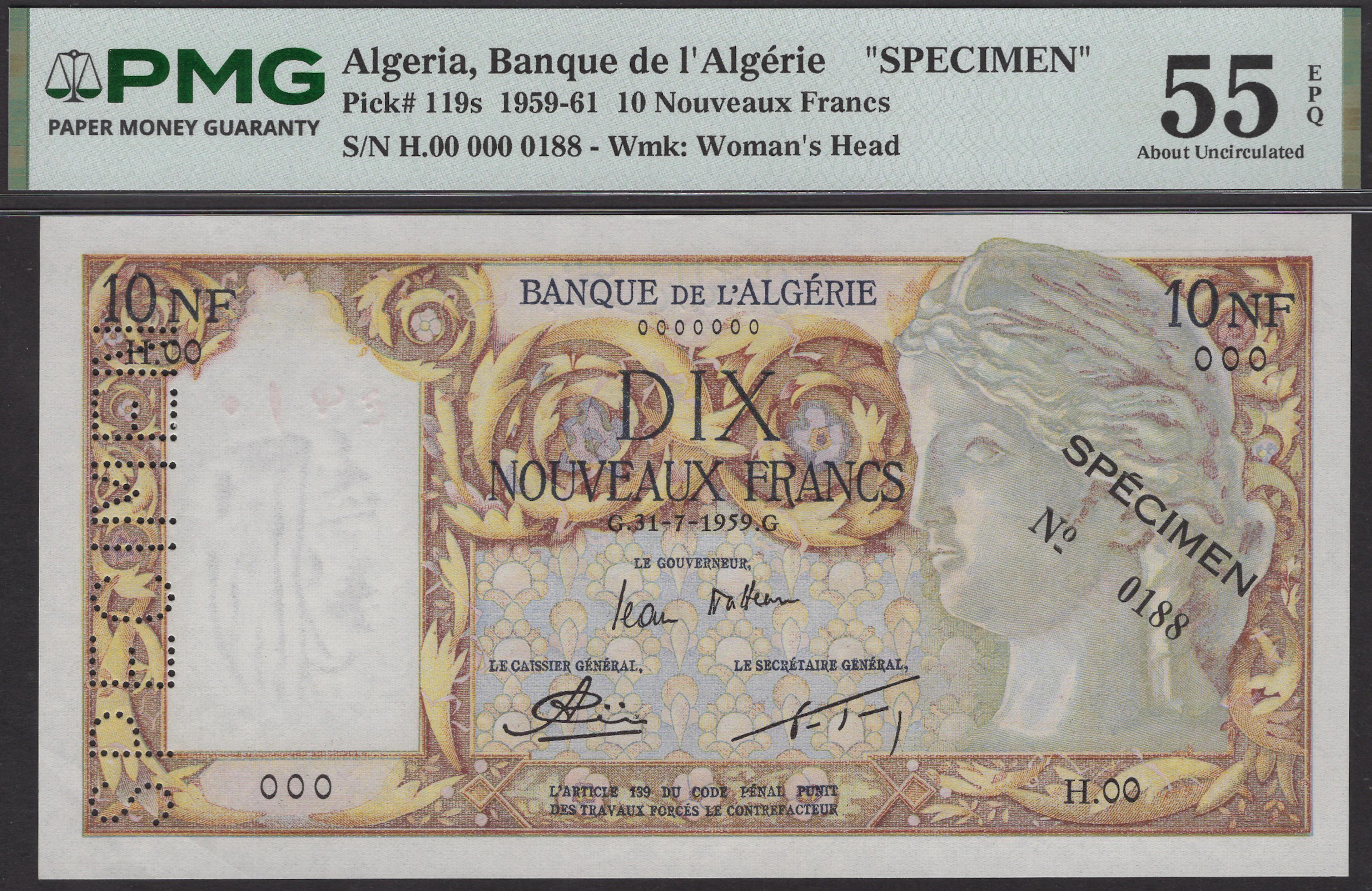 Banque de l’Algerie, specimen 10 Nouveaux Francs, 31 July 1959, serial