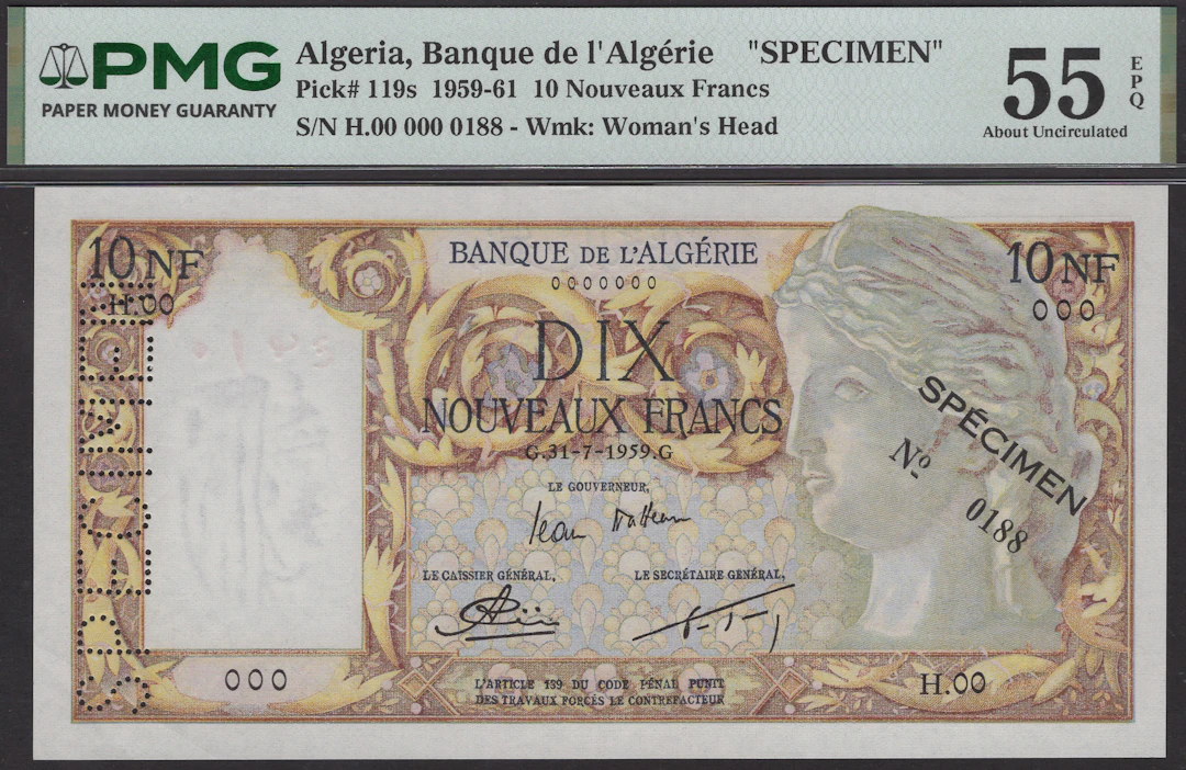 Banque de l’Algerie, specimen 10 Nouveaux Francs, 31 July 1959, serial