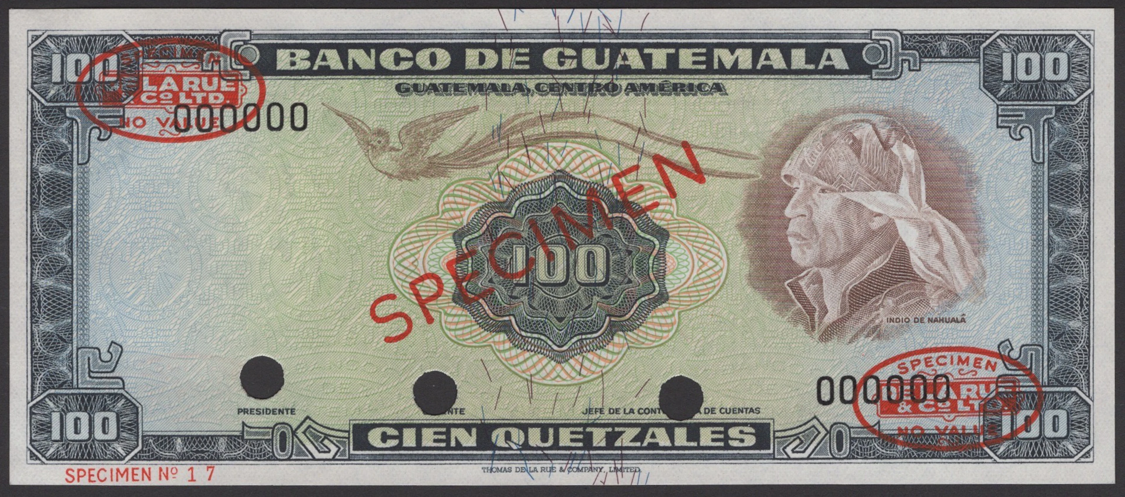 Banco de Guatemala, specimen 100 Quetzales, ND (1966-68), serial number