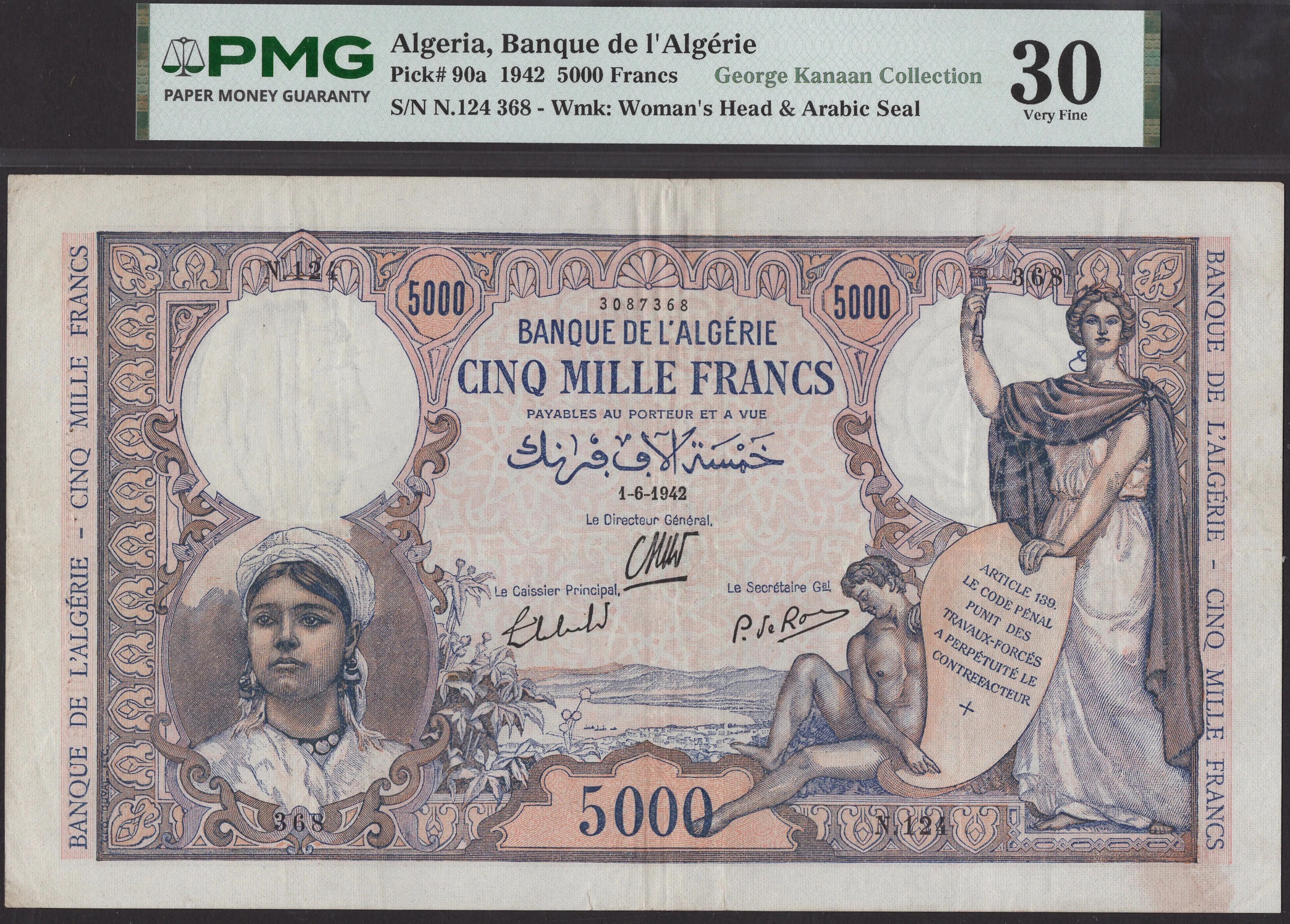 Banque de l’Algerie, 5000 Francs, 1 June 1942, serial number N.124