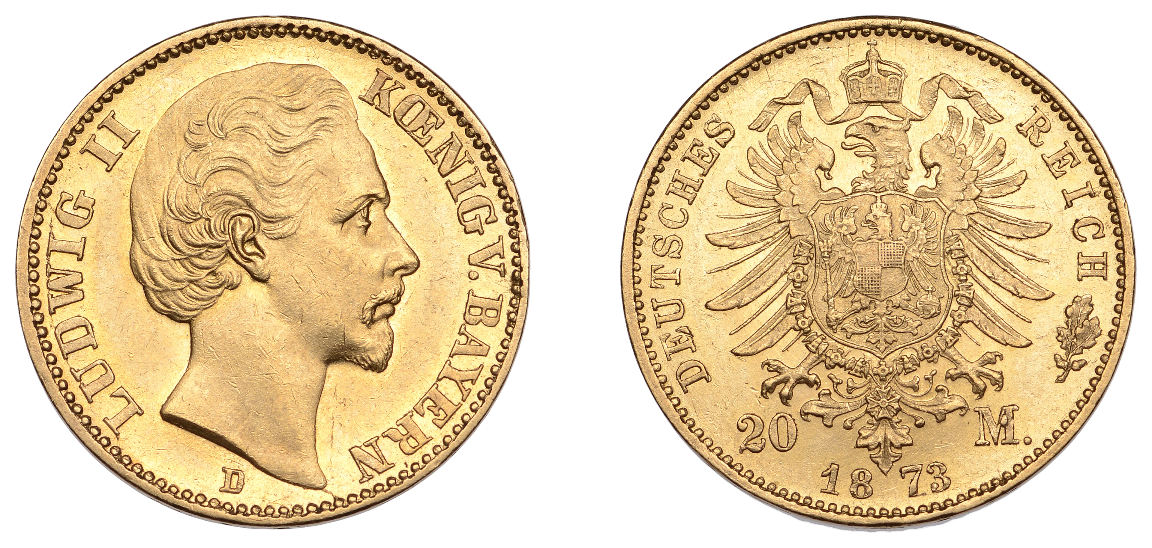 Germany, Bavaria, Ludwig II, 20 Mark, 1873d, Munich (Jaeger 194; Fr.