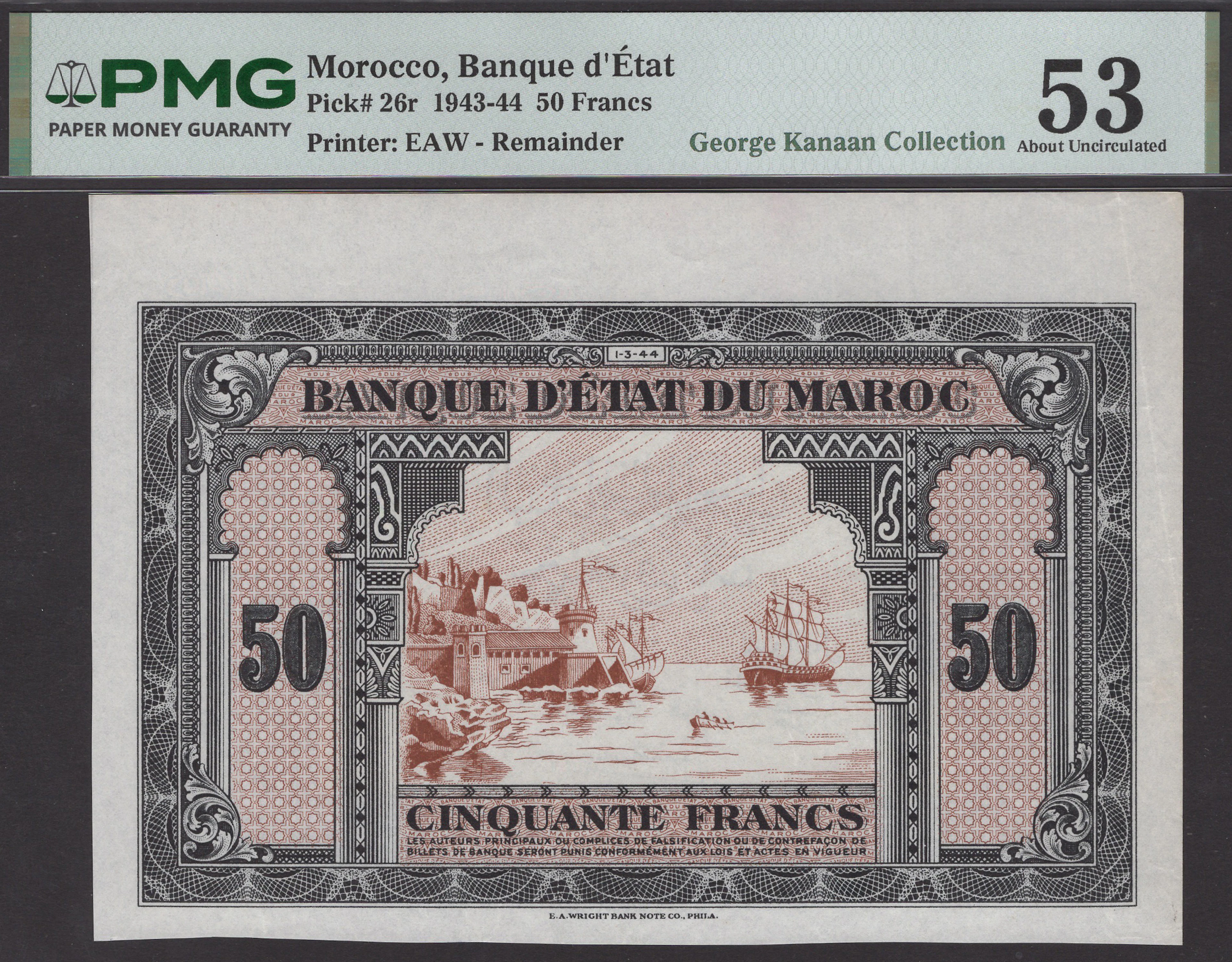 Banque d’Etat du Maroc, remainder 50 Francs, 1 March 1944, without