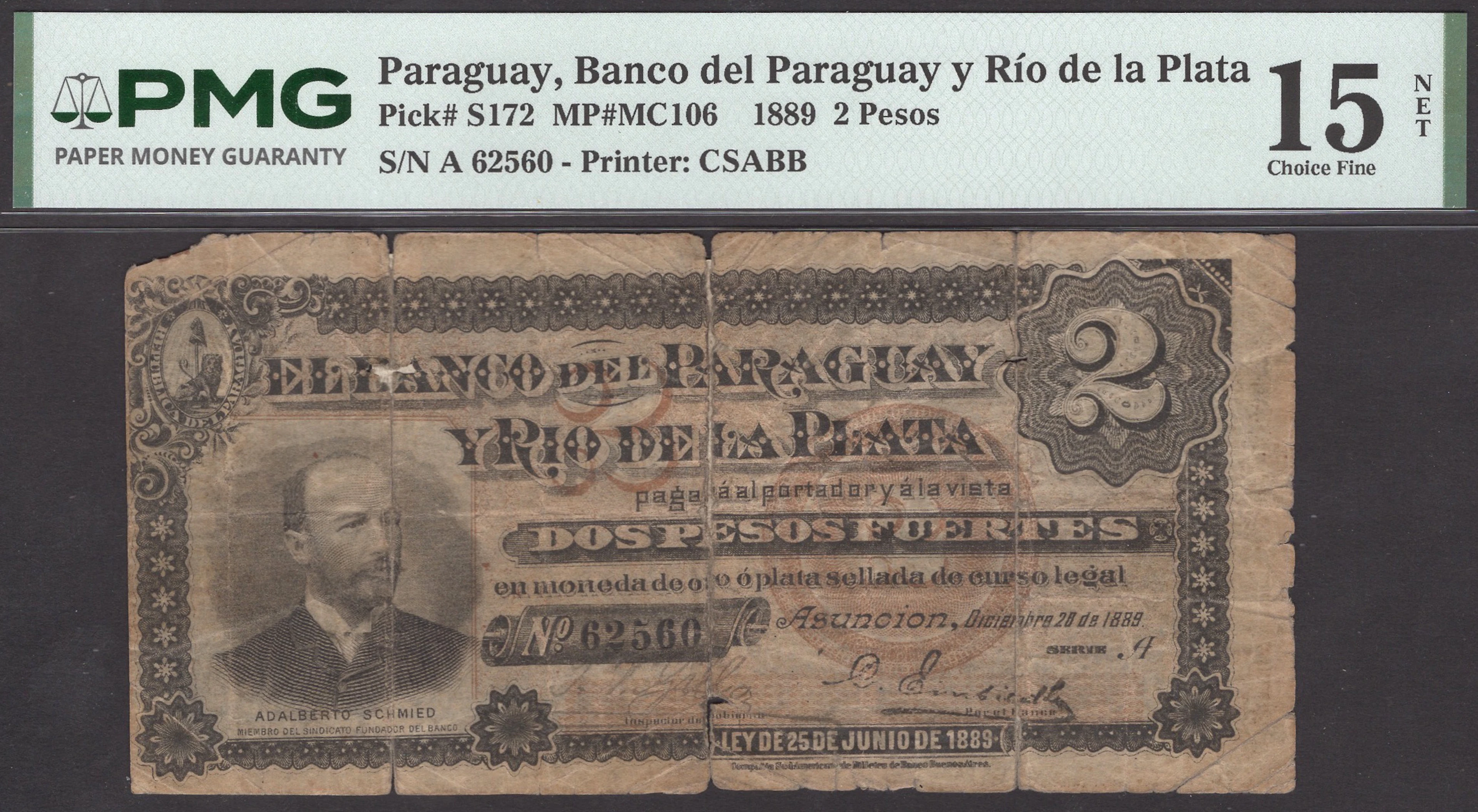 Banco del Paraguay y Rio de la Plata, 2 Pesos, 28 December 1889, serial