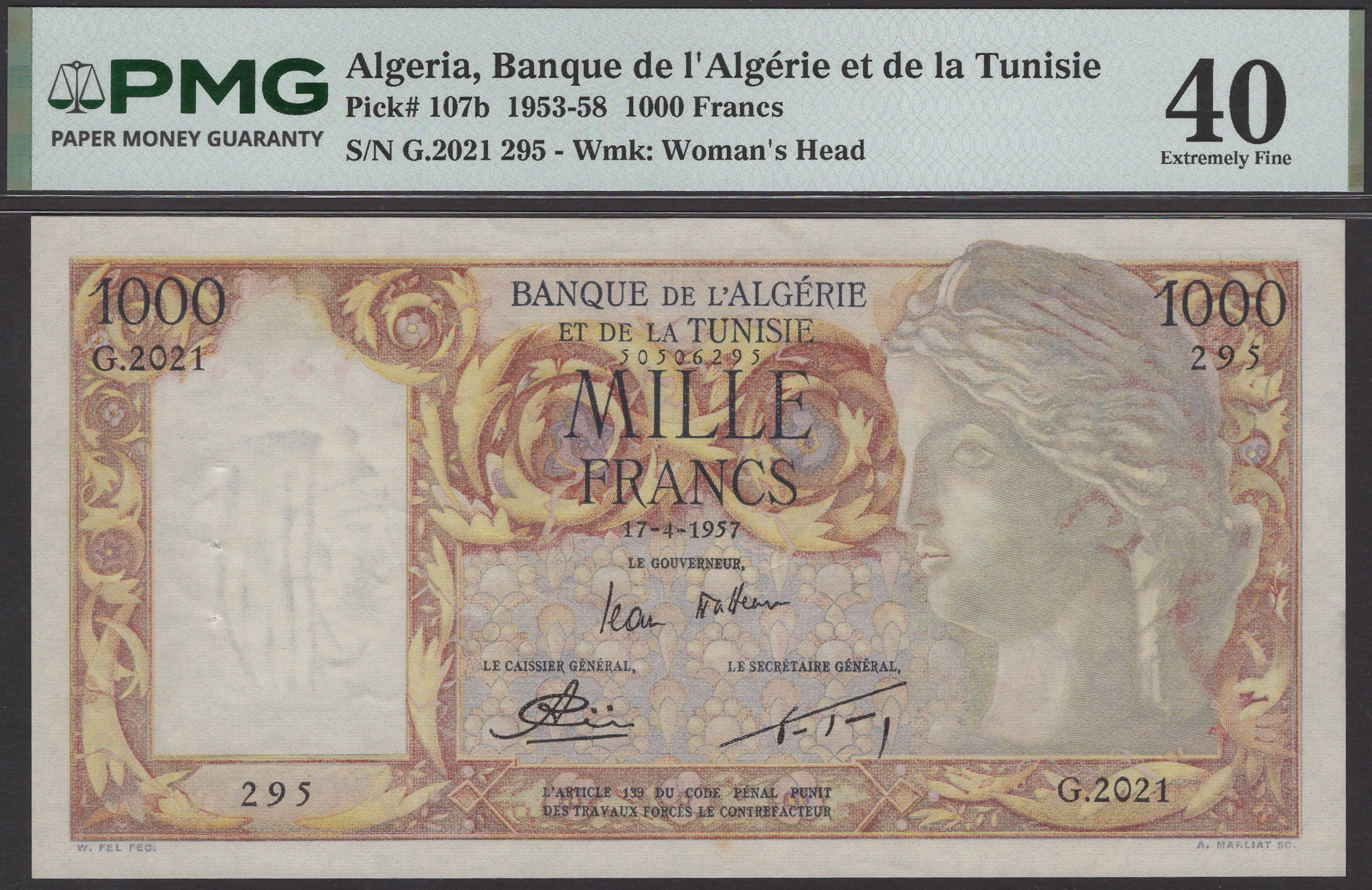 Banque de l’Algerie et de la Tunisie, 1000 Francs, 17 April 1957