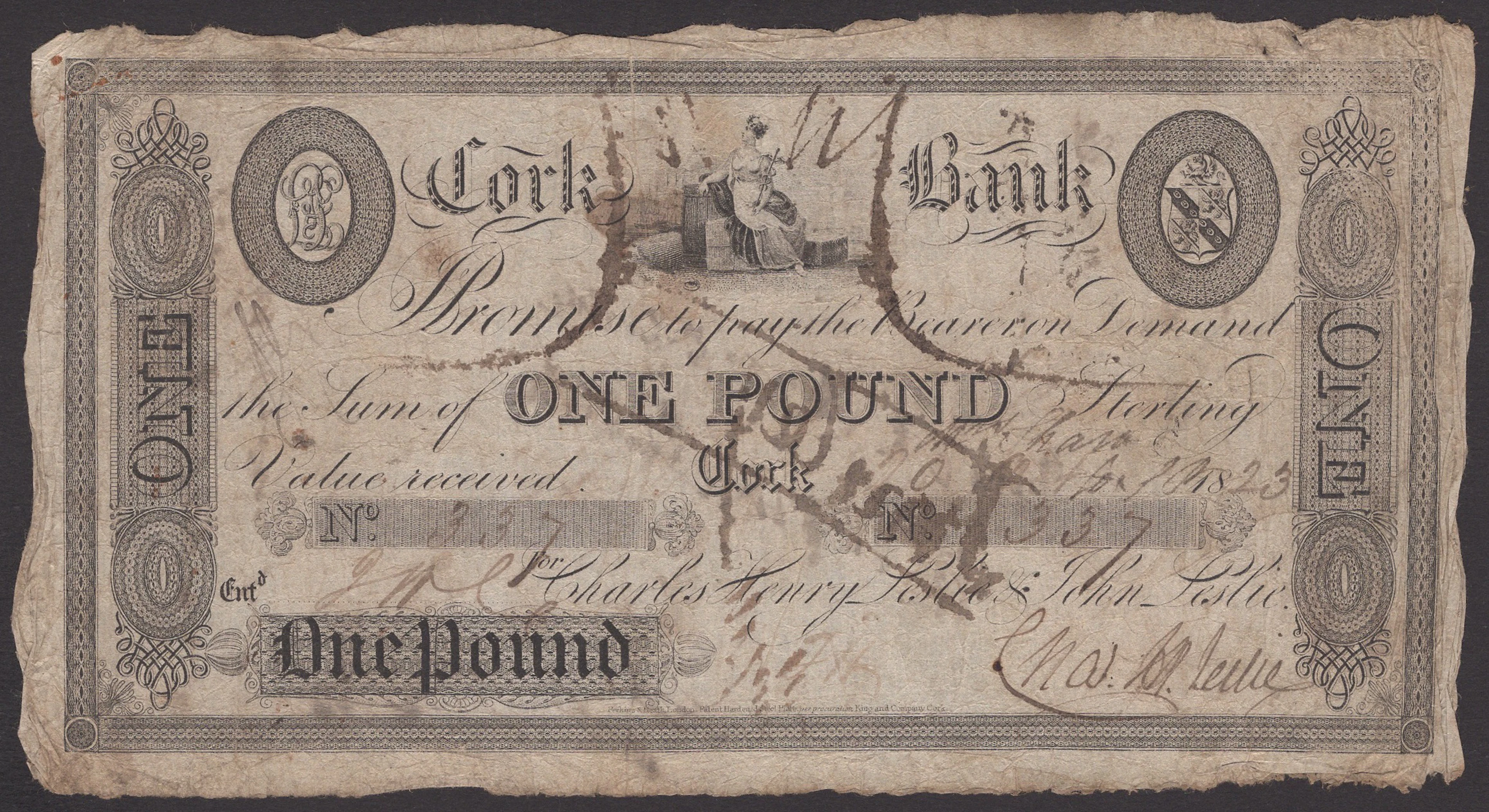 Cork Bank, for Charles Henry Leslie & John Leslie, £1, 20 October