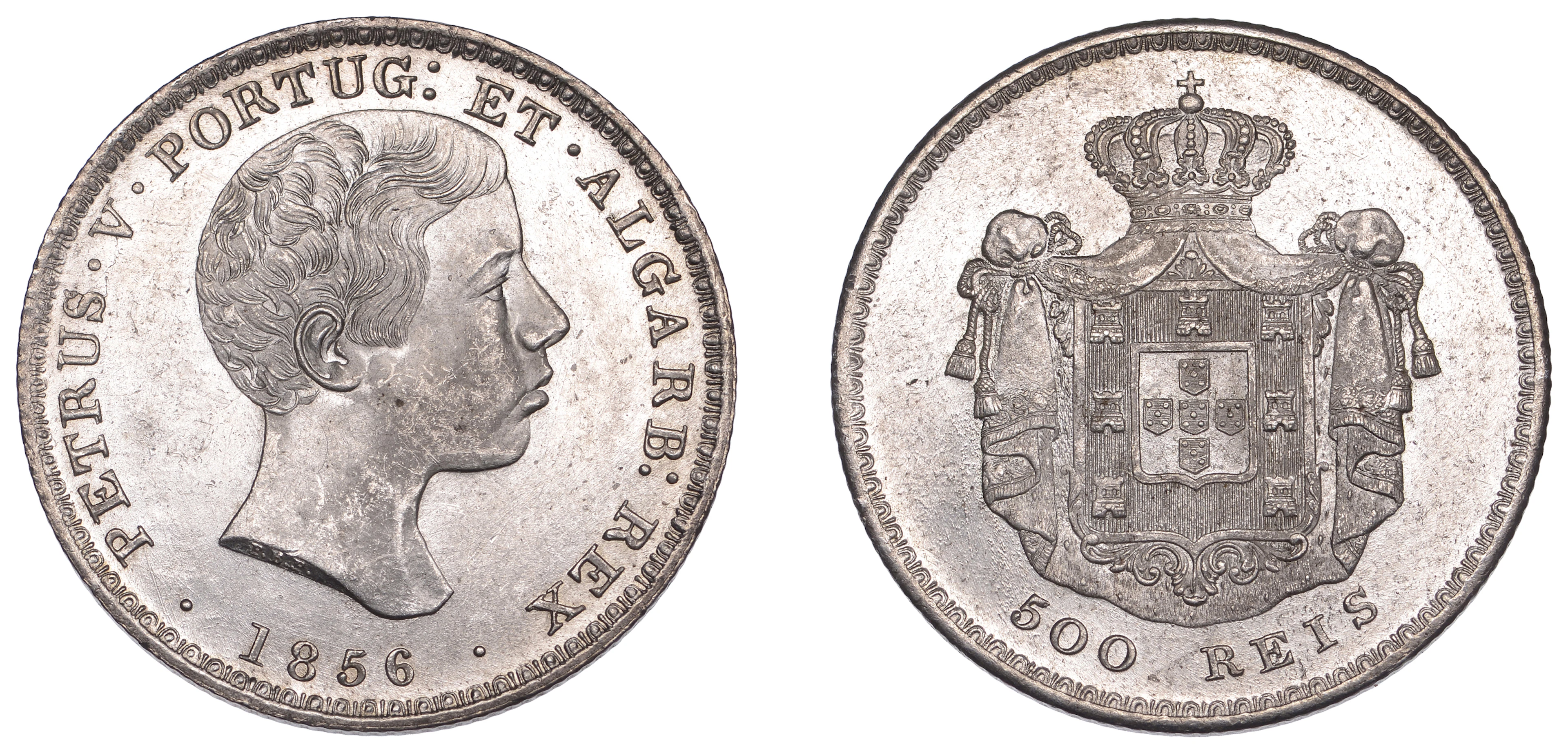 Portugal, Pedro V, 500 Reis, 1856, Lisbon (KM 494). Lustrous, good