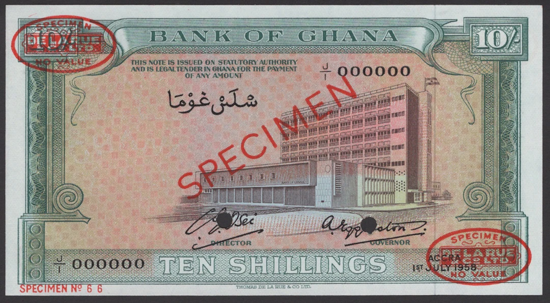Bank of Ghana, specimen 10 Shillings, Accra, 1 July 1958, serial number