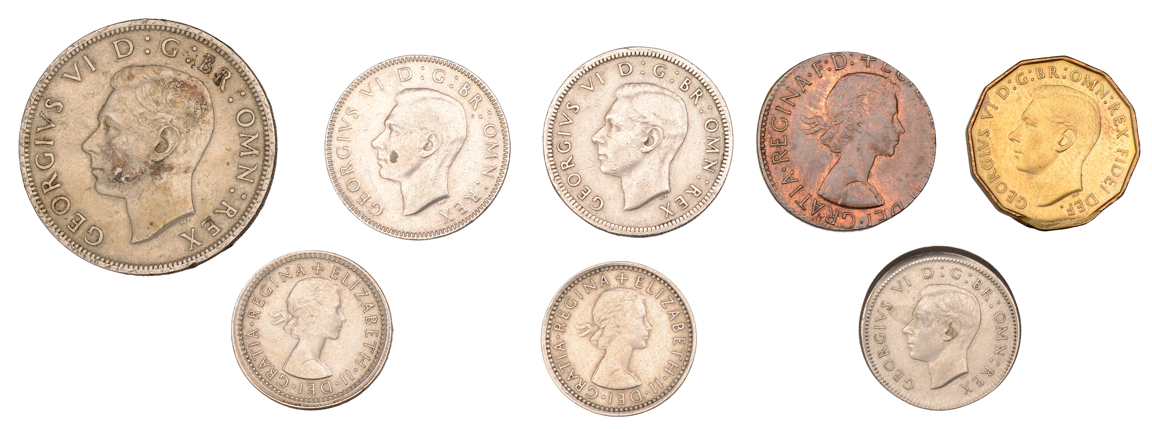 George VI, Mint Errors (5), Halfcrown, Shillings (2), Sixpence, Threepence;