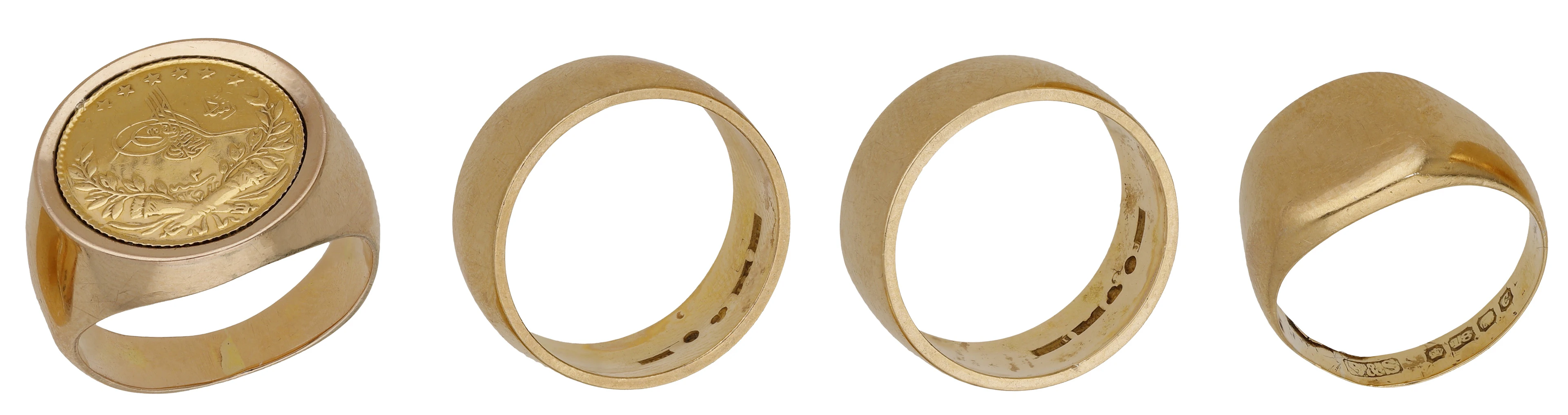 Four rings, comprising an 18ct gold signet ring, two plain polished