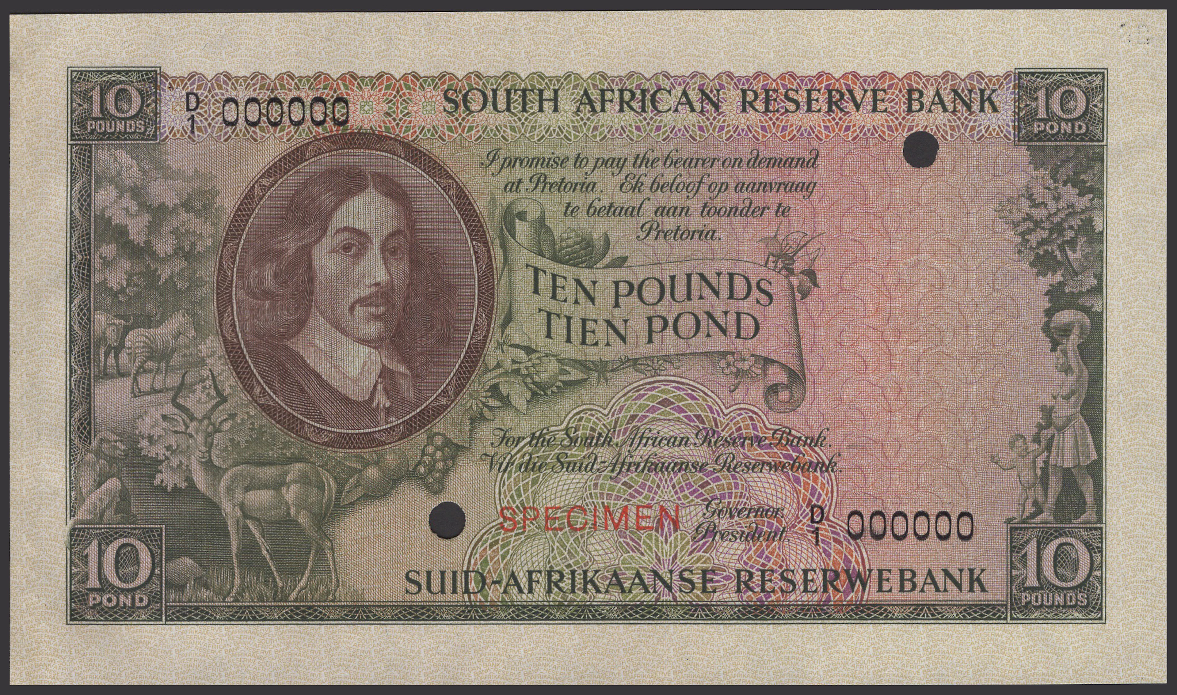 South African Reserve Bank, colour trial £10, ND (1952-58), serial