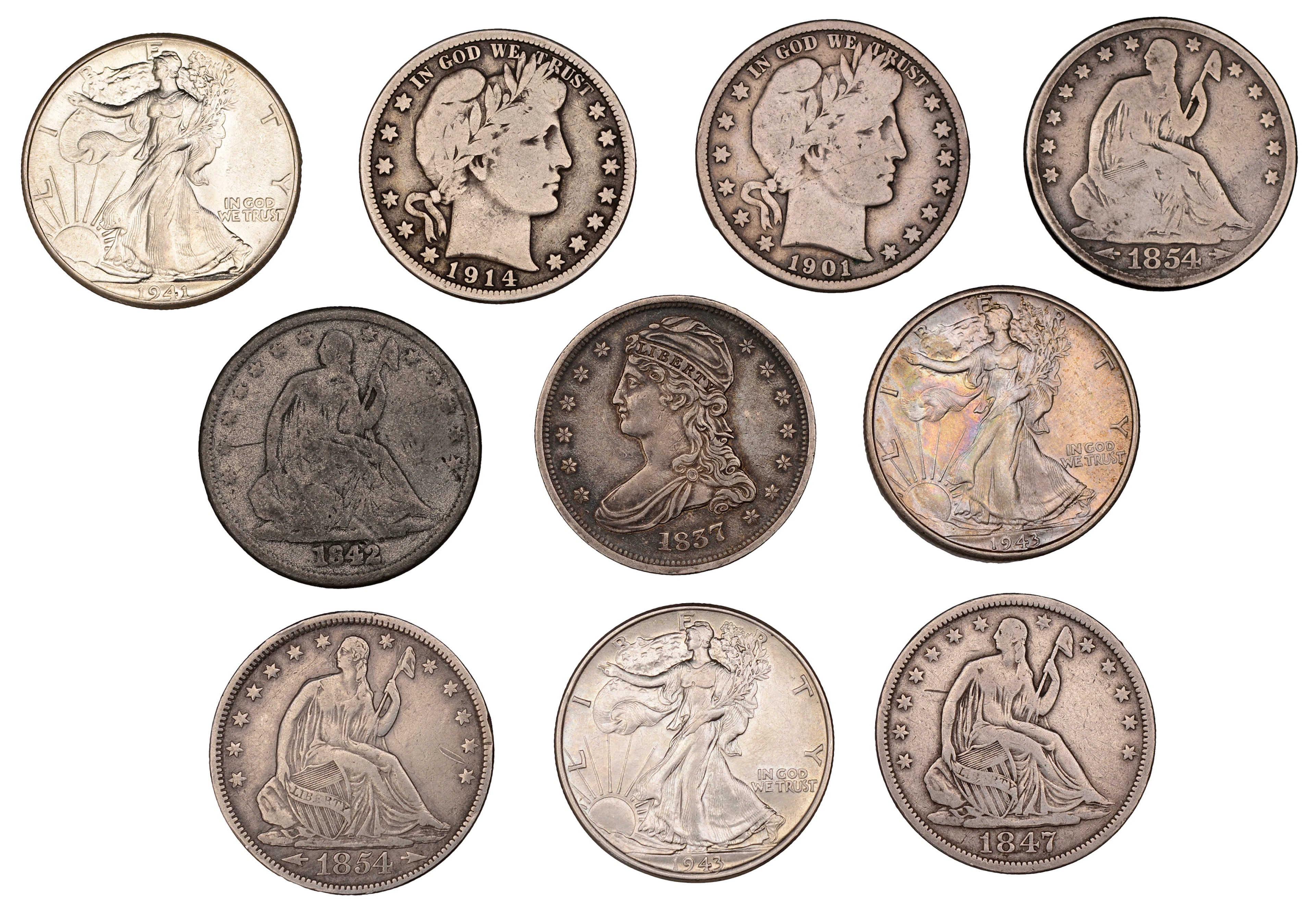 United States of America, Half-Dollars (10), 1837, 1842, 1847o, 1854