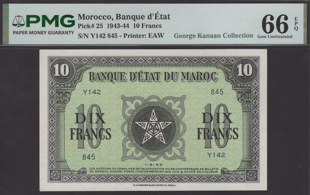 Banque d’Etat du Maroc, 10 Francs, 1 May 1943, serial number Y142