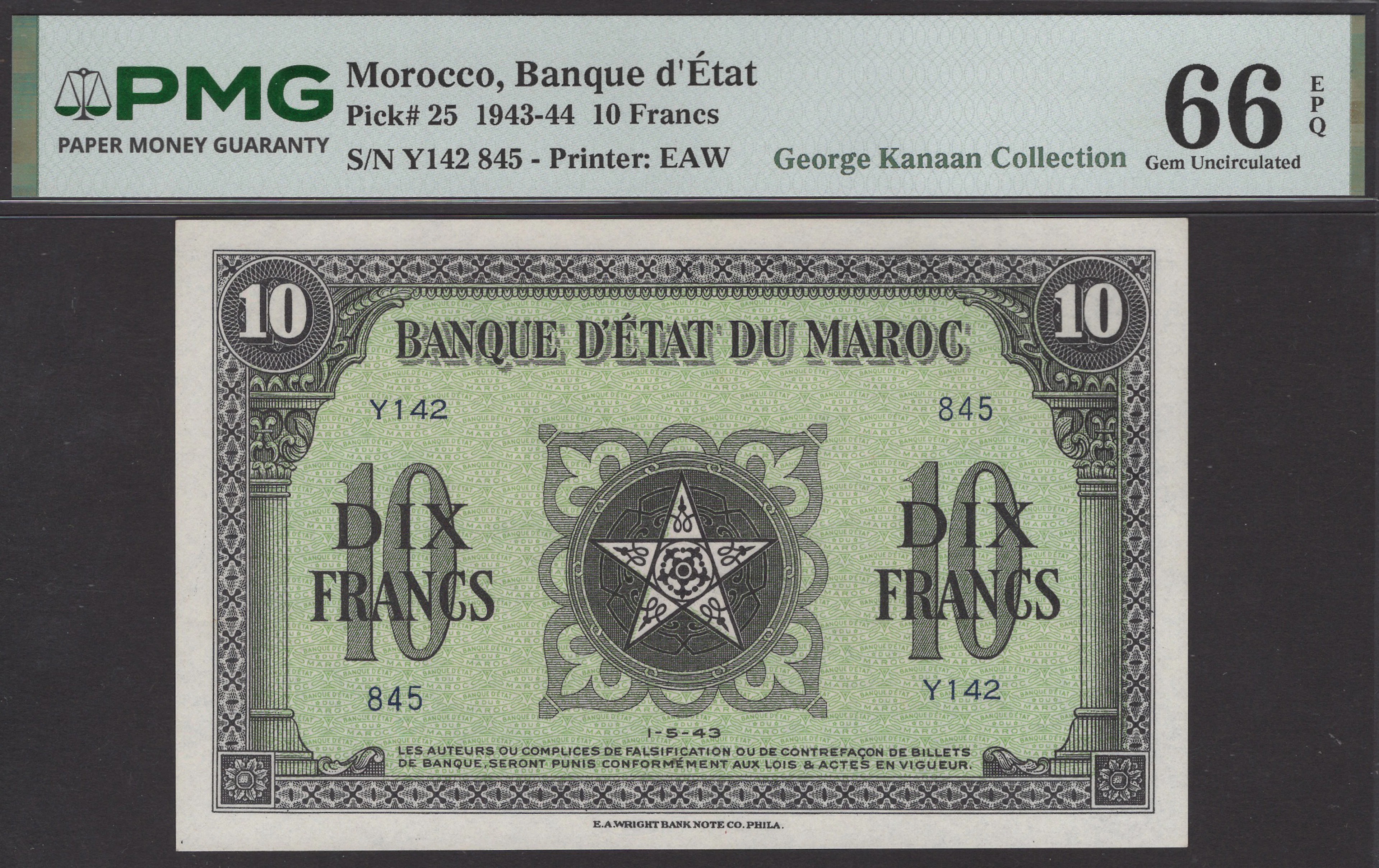 Banque d’Etat du Maroc, 10 Francs, 1 May 1943, serial number Y142