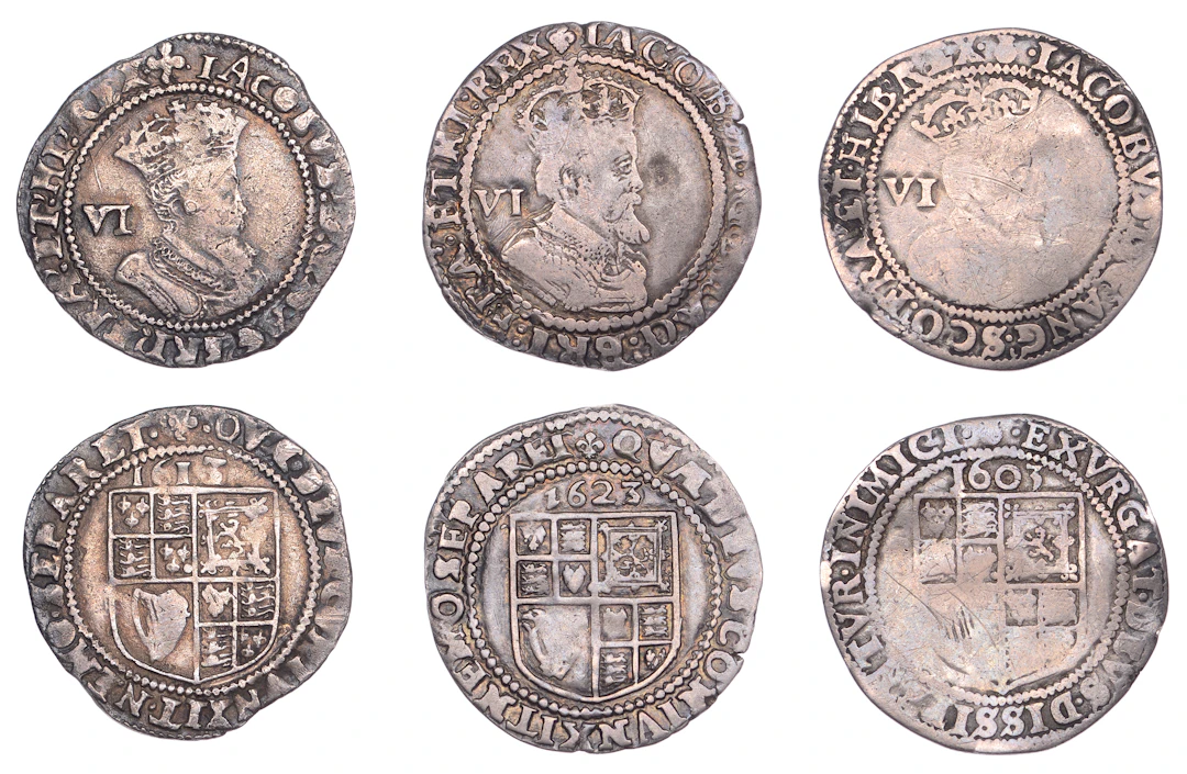 James I, Sixpences (3), First coinage, 1603, mm. thistle, first bust