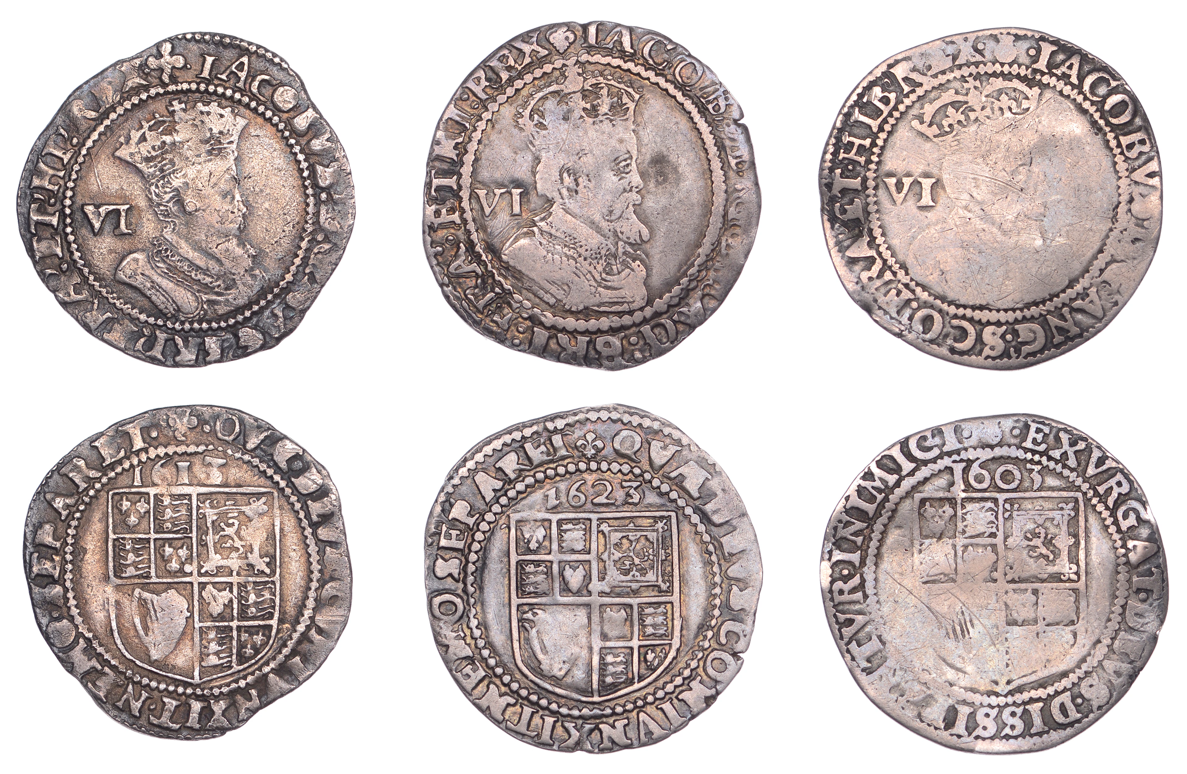 James I, Sixpences (3), First coinage, 1603, mm. thistle, first bust