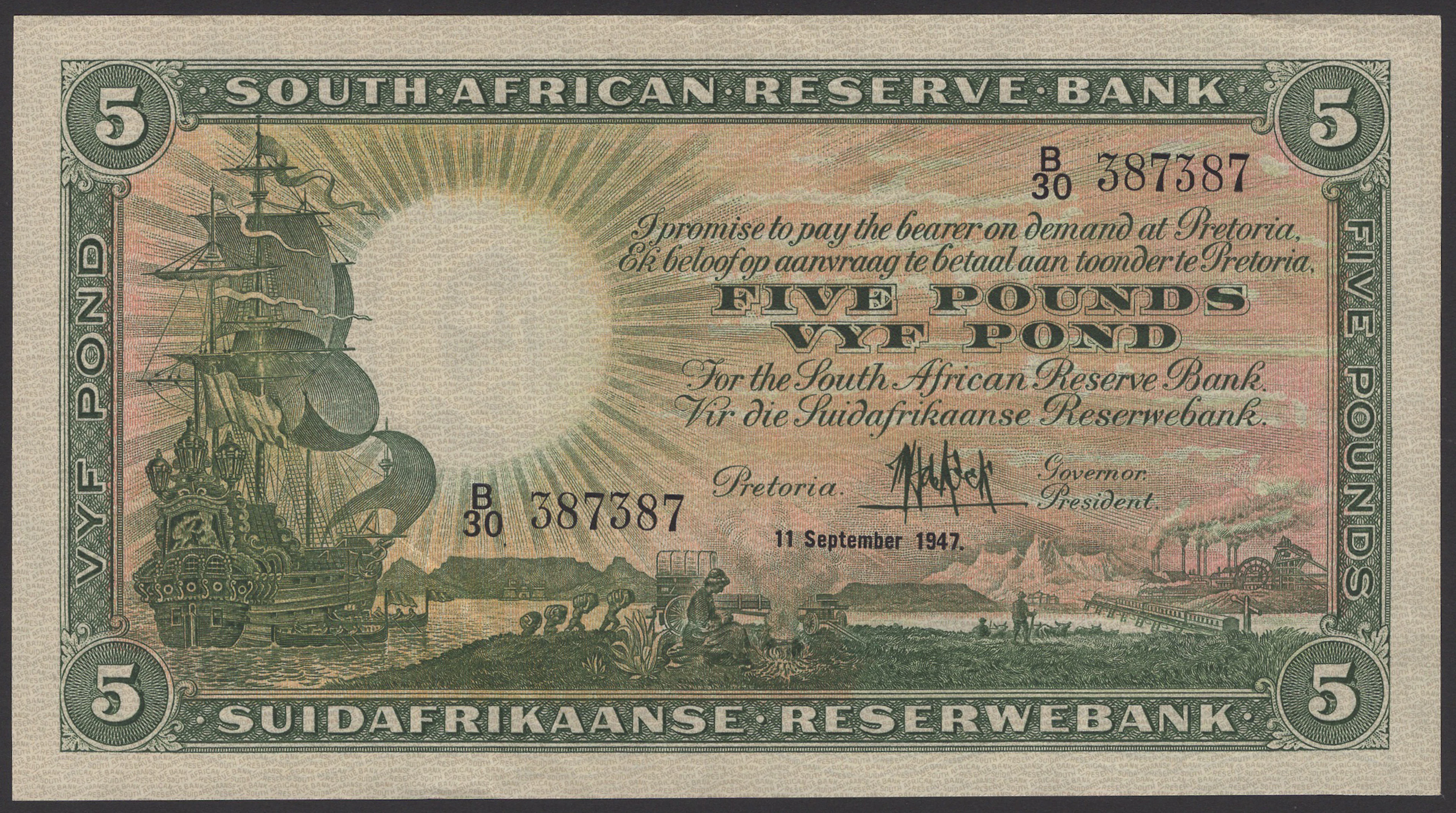 South African Reserve Bank, £5, 11 September 1947, serial number B/30