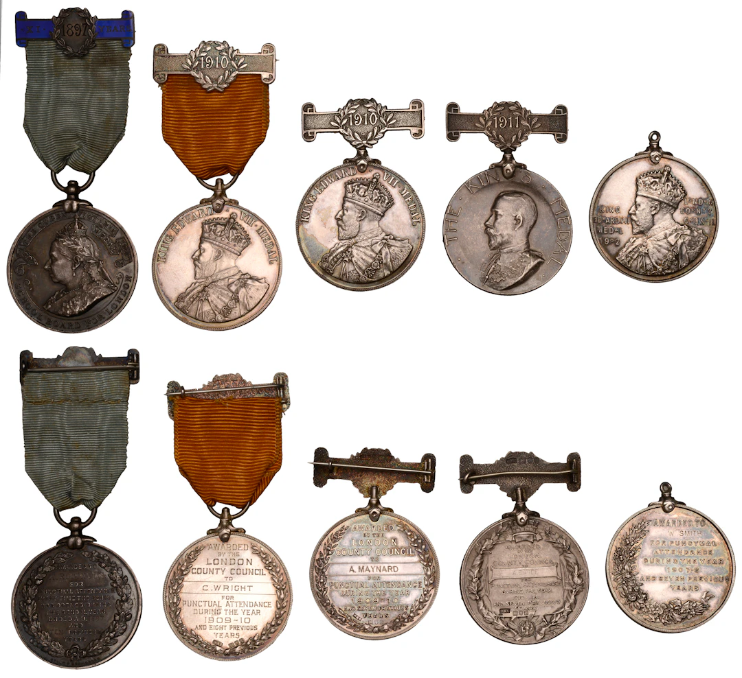 Great Britain, LONDON, County Council, silver attendance medals (5)