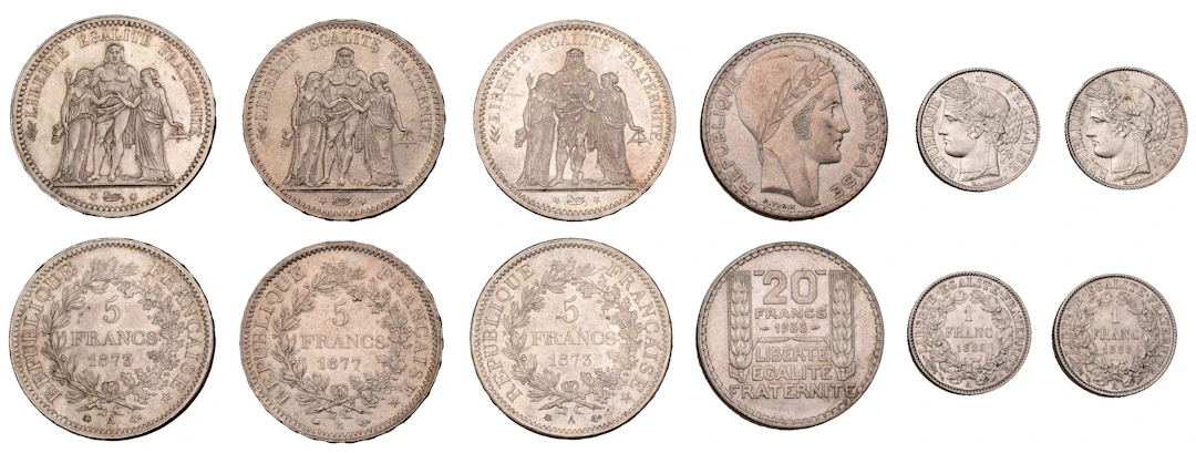 France, Third Republic, 20 Francs, 1938, 5 Francs (3), 1873a (2)