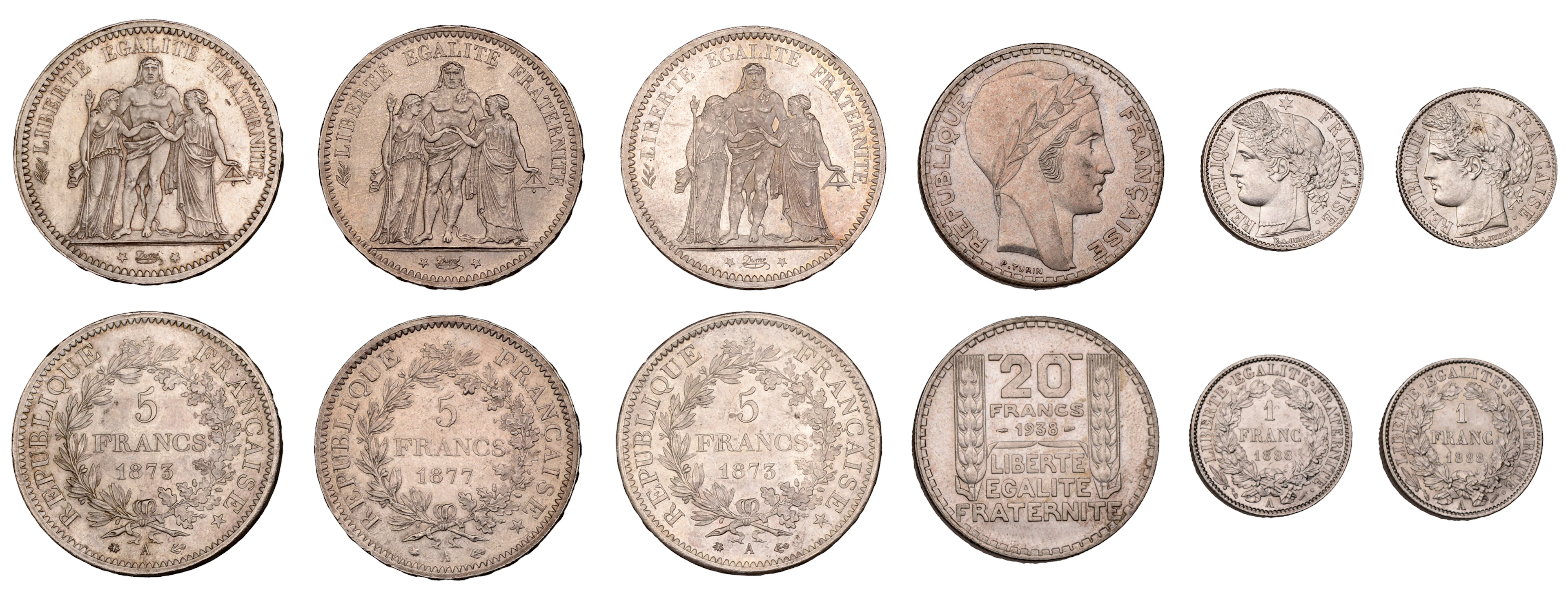 France, Third Republic, 20 Francs, 1938, 5 Francs (3), 1873a (2)