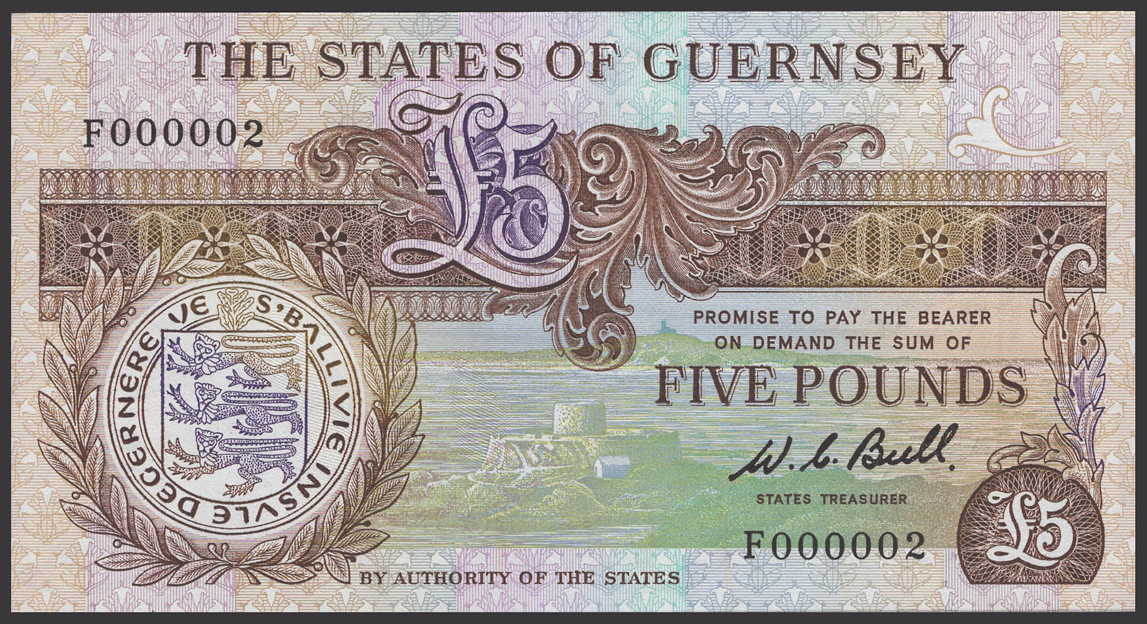 States of Guernsey, £5, ND (1980-89), serial number F000002, Bull