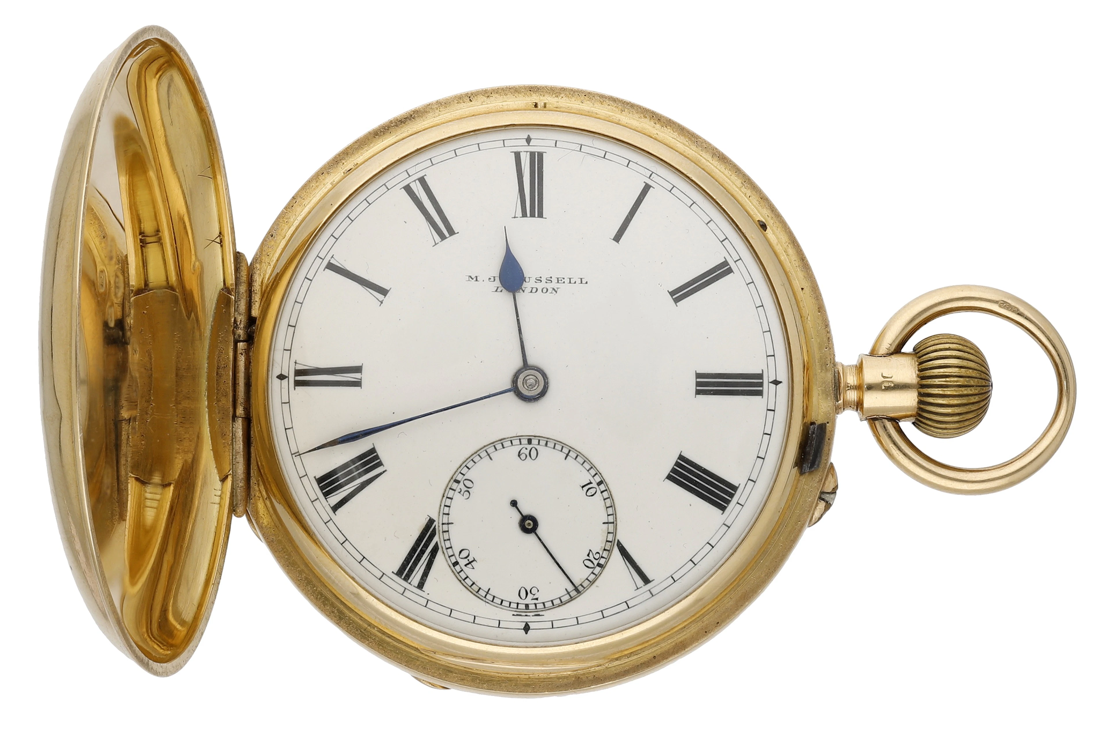 M. J. Russell, London. A gold hunting cased keyless watch, 1896. Movement: