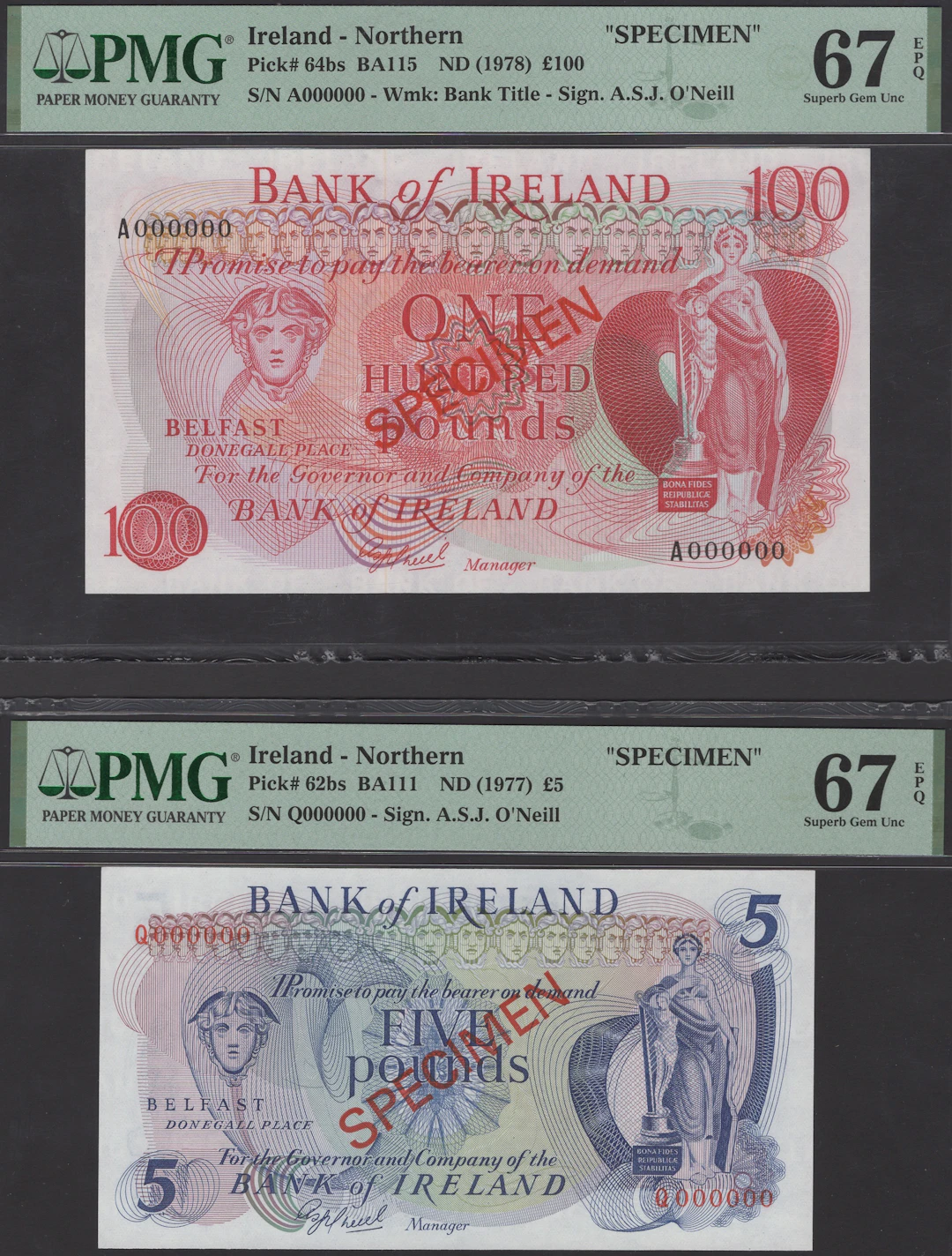 Bank of Ireland, specimen £5, 1981, serial number Q000000, specimen