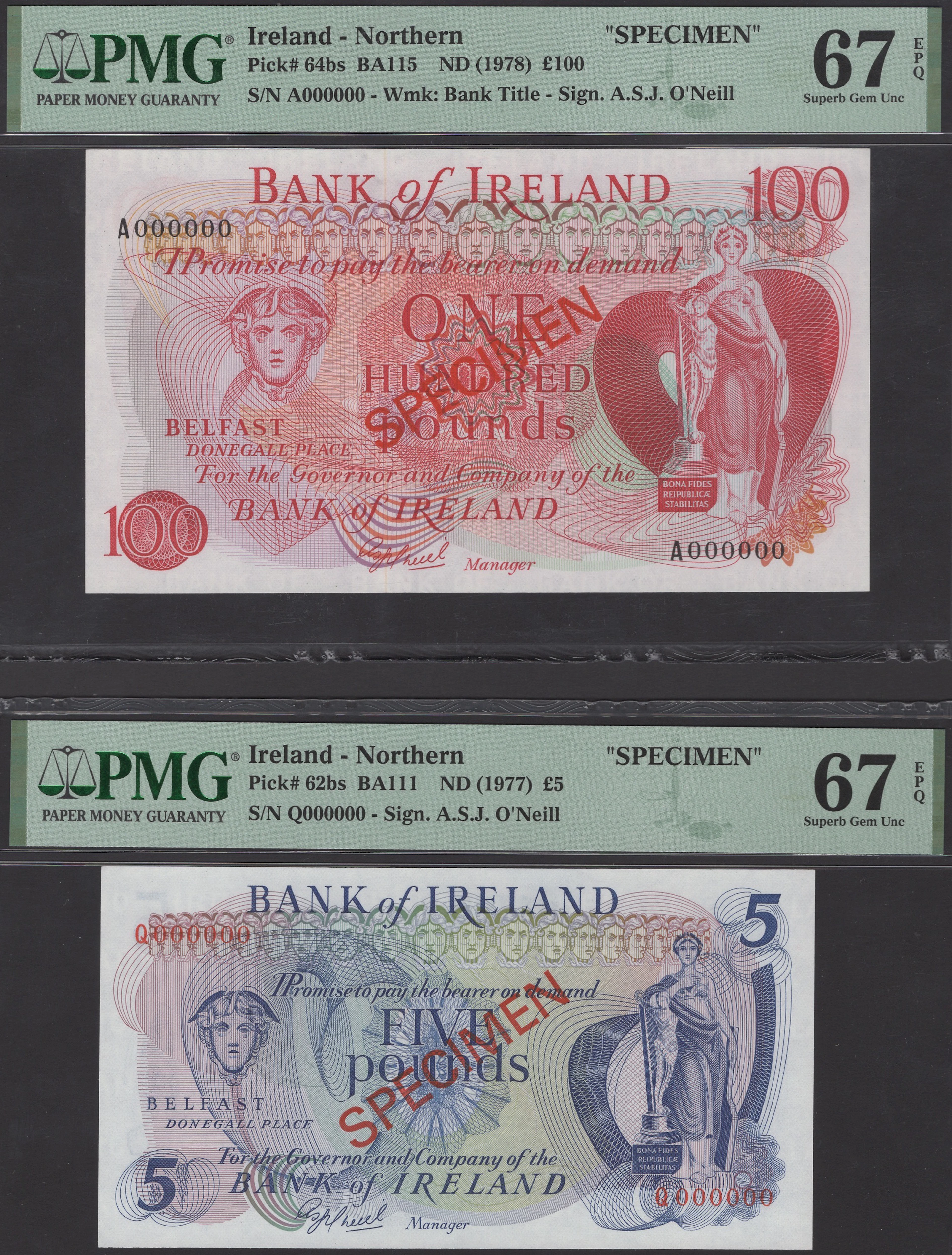 Bank of Ireland, specimen £5, 1981, serial number Q000000, specimen
