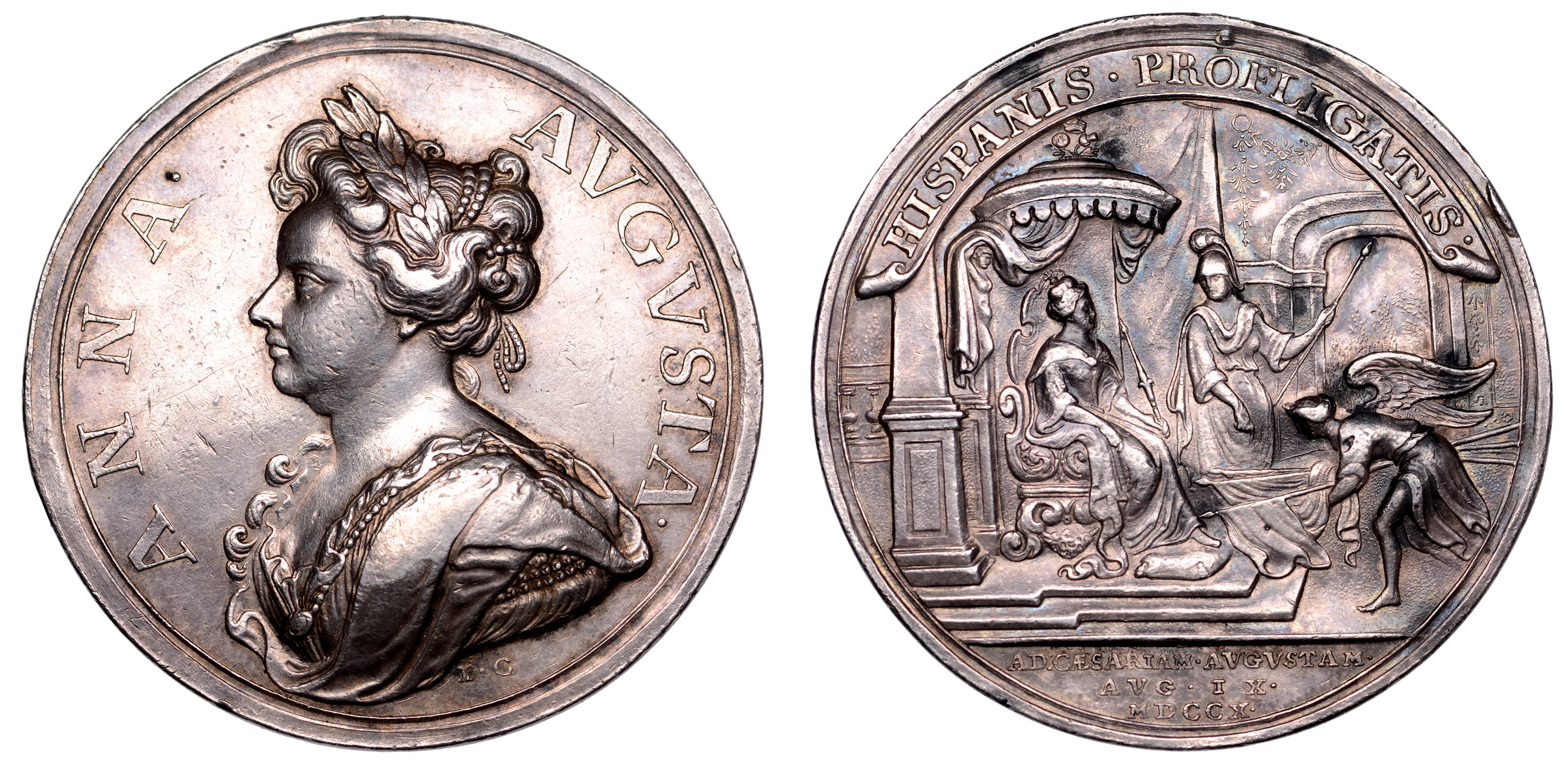 Battle of Saragossa, 1710, silver, medals by J. Croker, bust of Queen