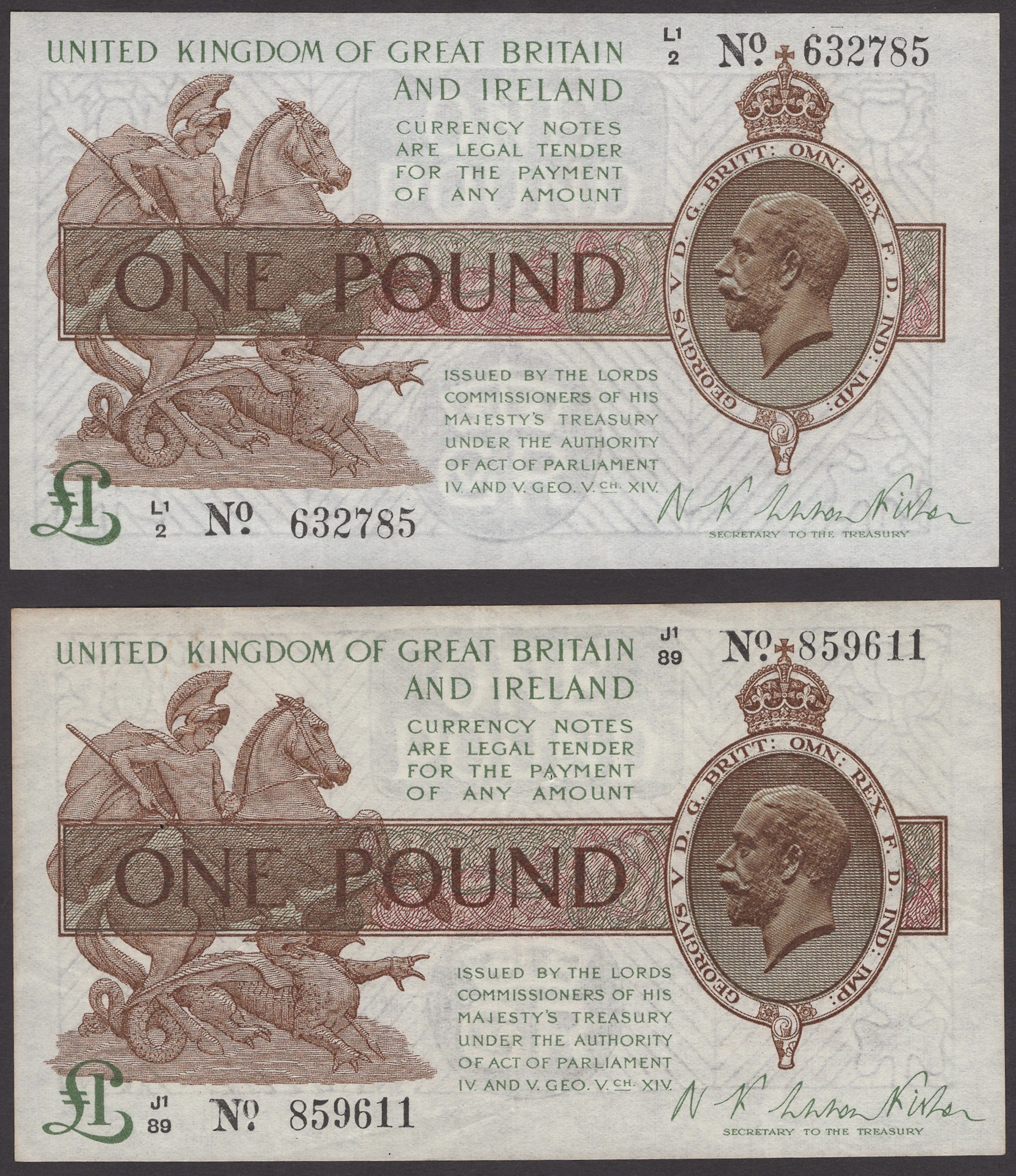 Treasury Series, Warren Fisher, £1 (2), 26 February 1926, serial numbers