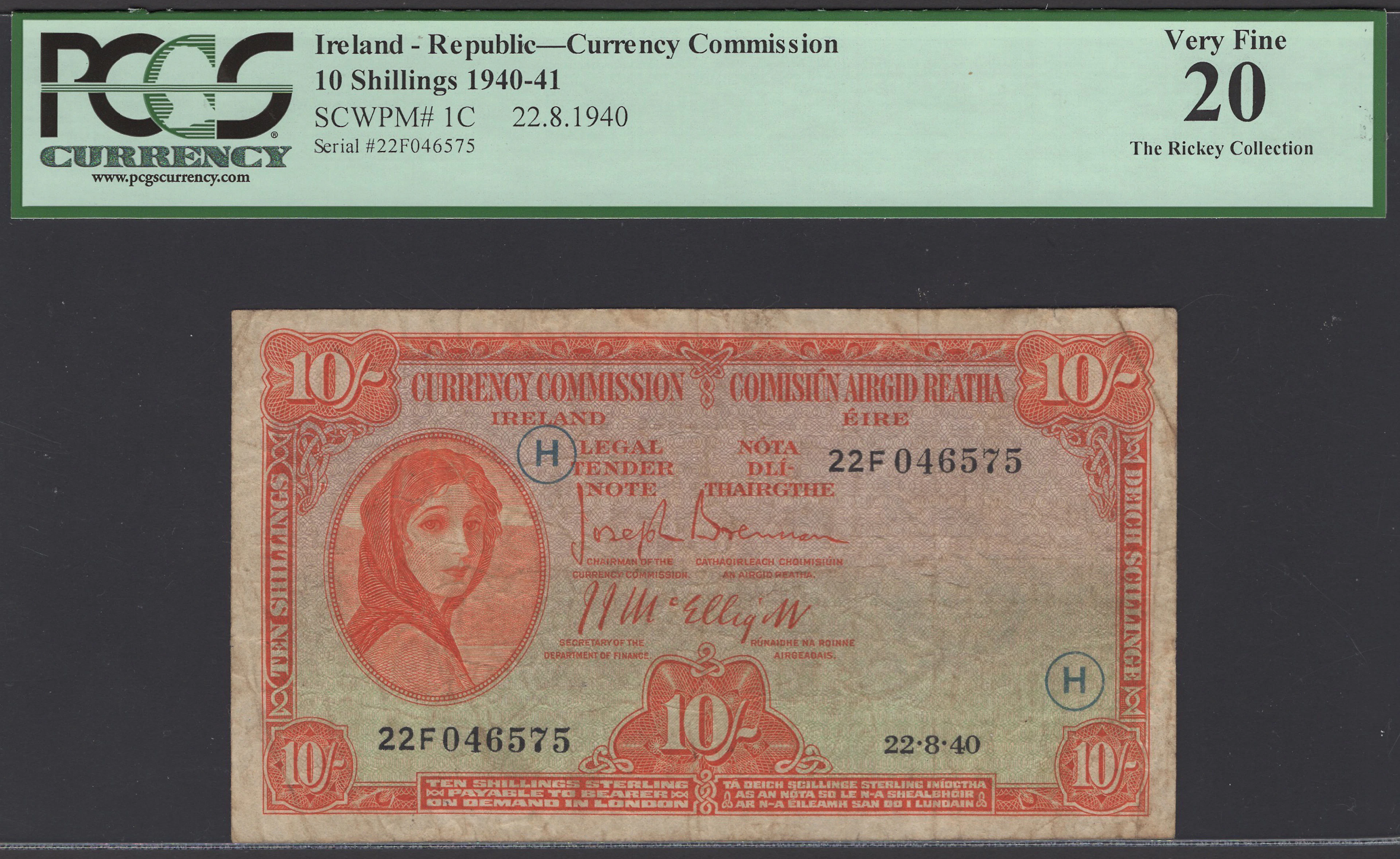 Currency Commission, Ireland, 10 Shillings, 22 August 1940, serial