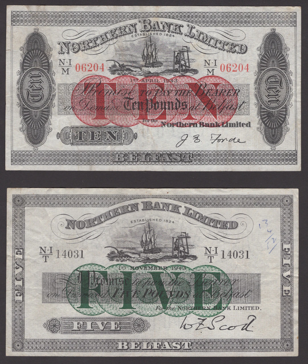 Northern Bank Limited, £5, 1 November 1943, serial number N-I/T 14031