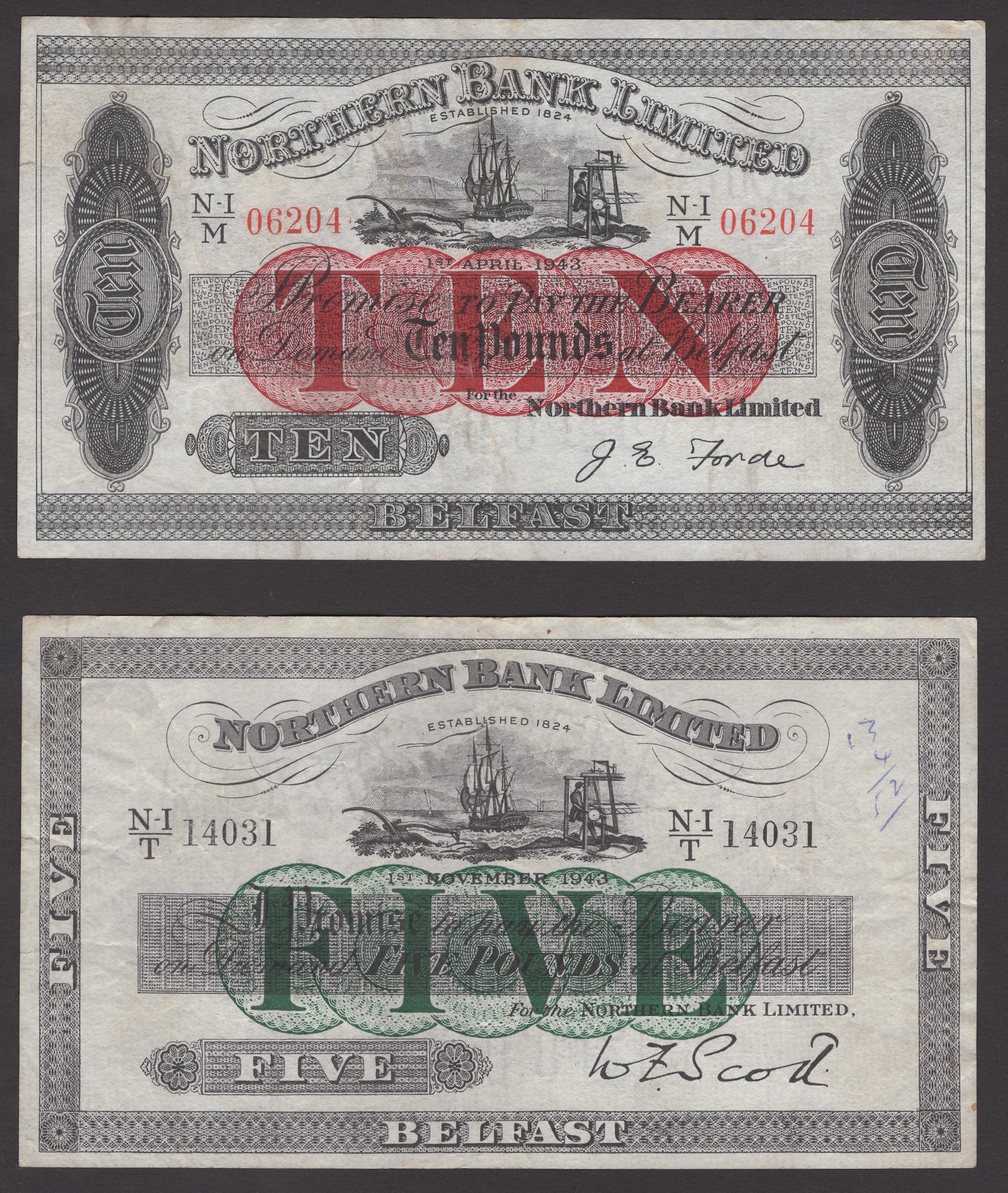 Northern Bank Limited, £5, 1 November 1943, serial number N-I/T 14031