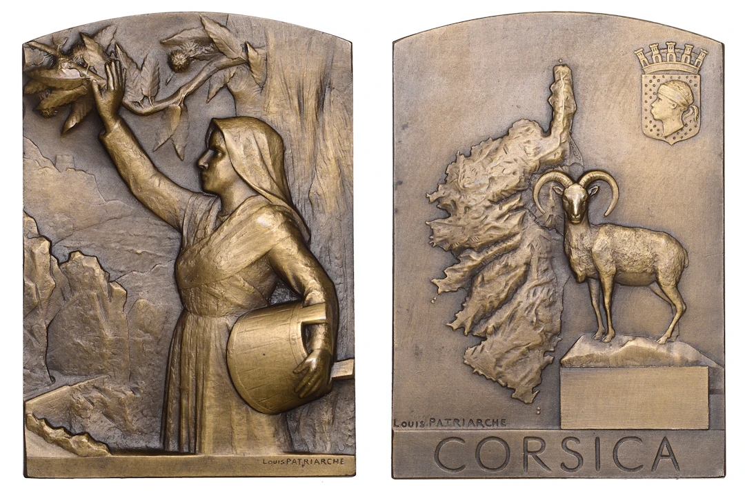 FRANCE, Corsica, 1928, a bronze plaque by L. Patriarche, woman in