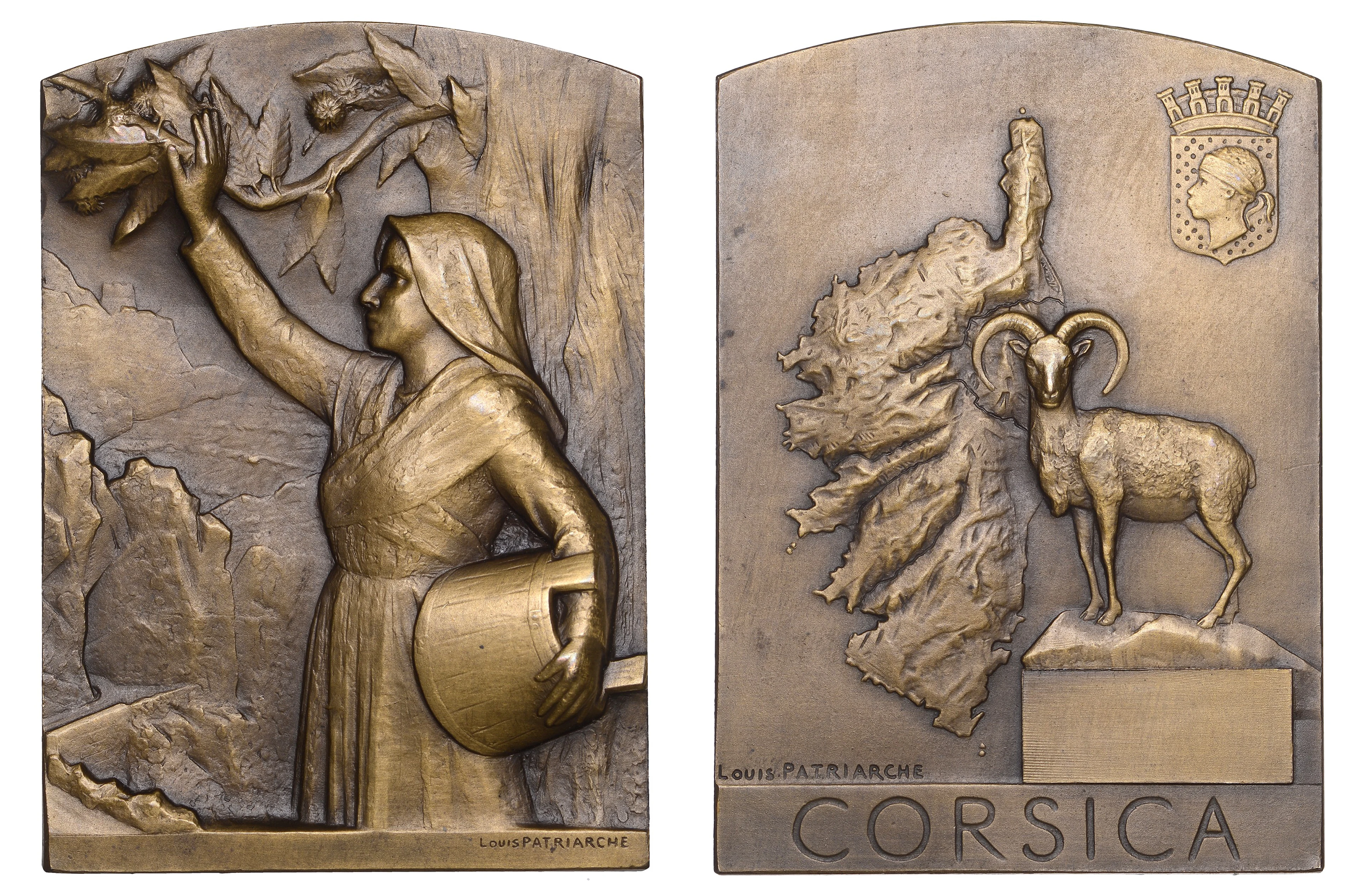 FRANCE, Corsica, 1928, a bronze plaque by L. Patriarche, woman in
