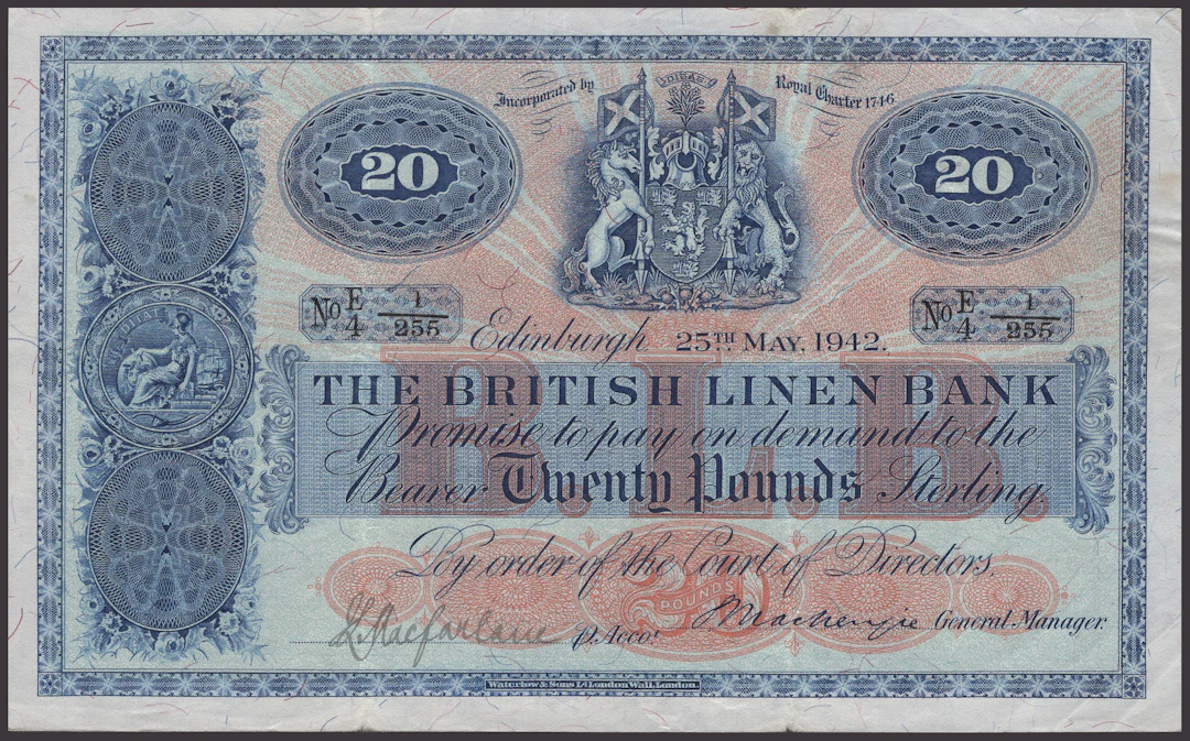 British Linen Bank, £20, 25 May 1942, serial number E/4 1/255, manuscript