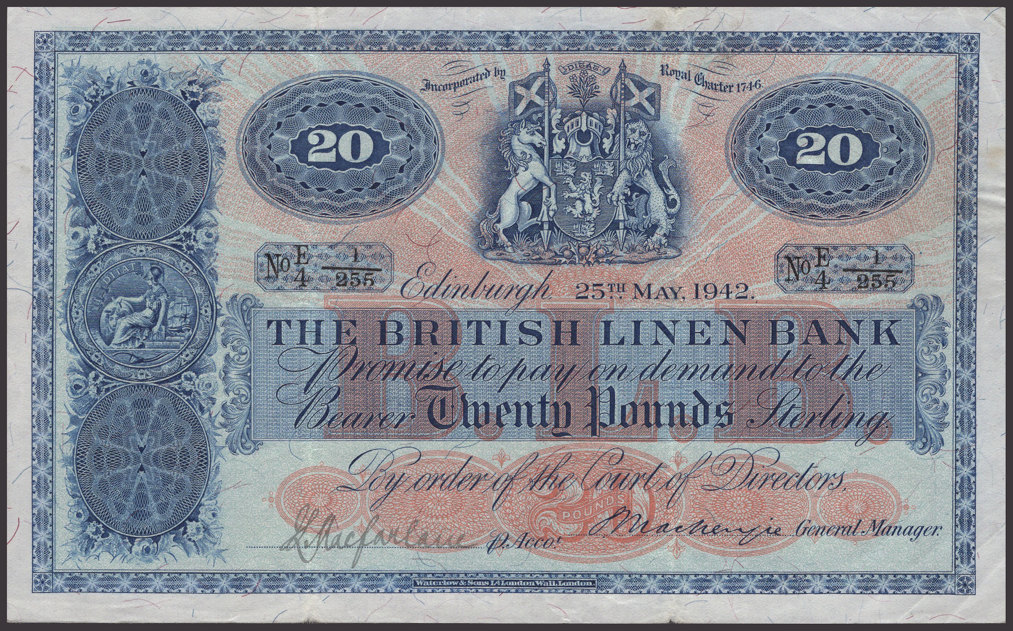 British Linen Bank, £20, 25 May 1942, serial number E/4 1/255, manuscript