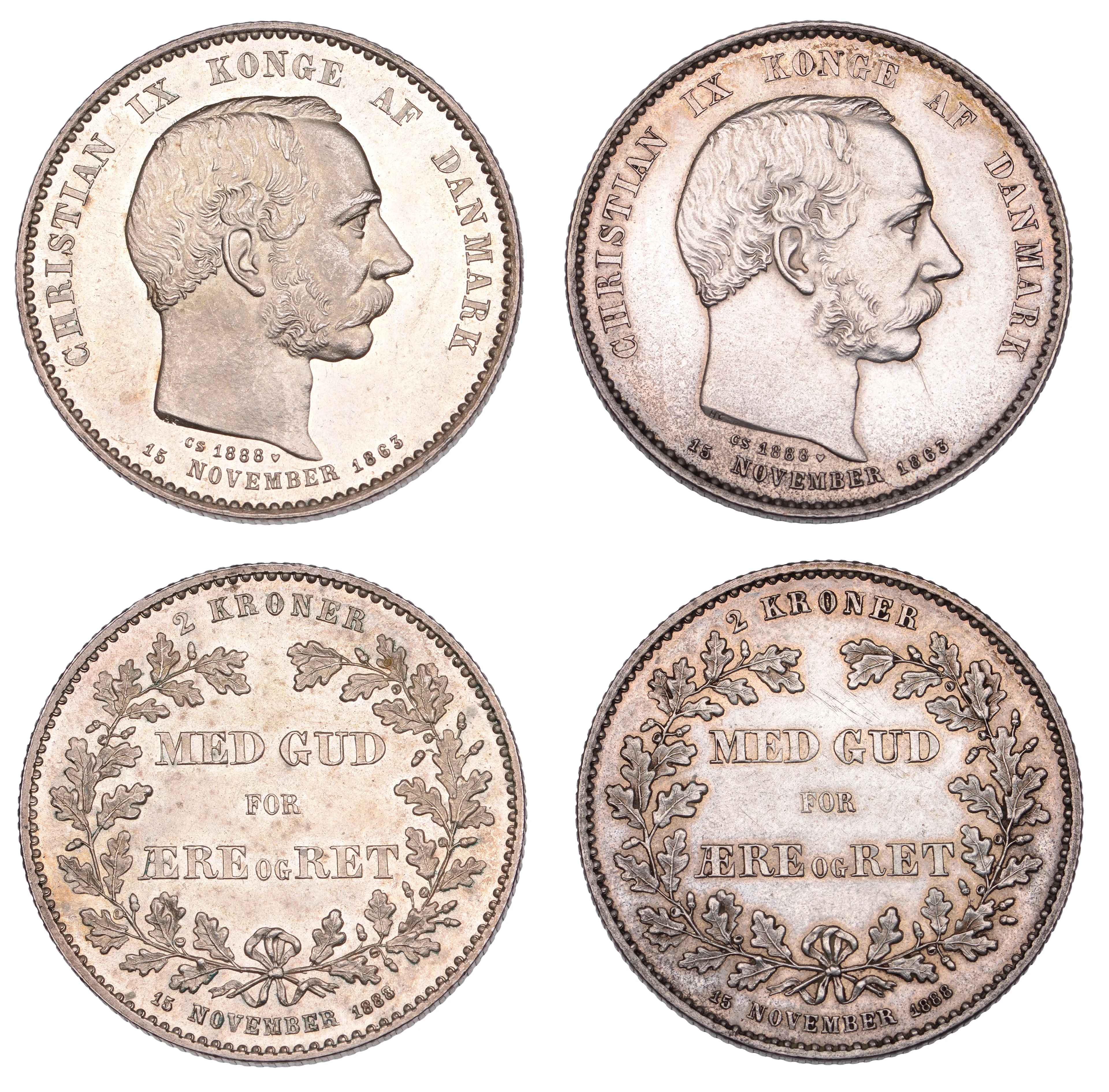 Denmark, Christian IX, 2 Kroner (2), both 1888, Silver Jubilee, Copenhagen