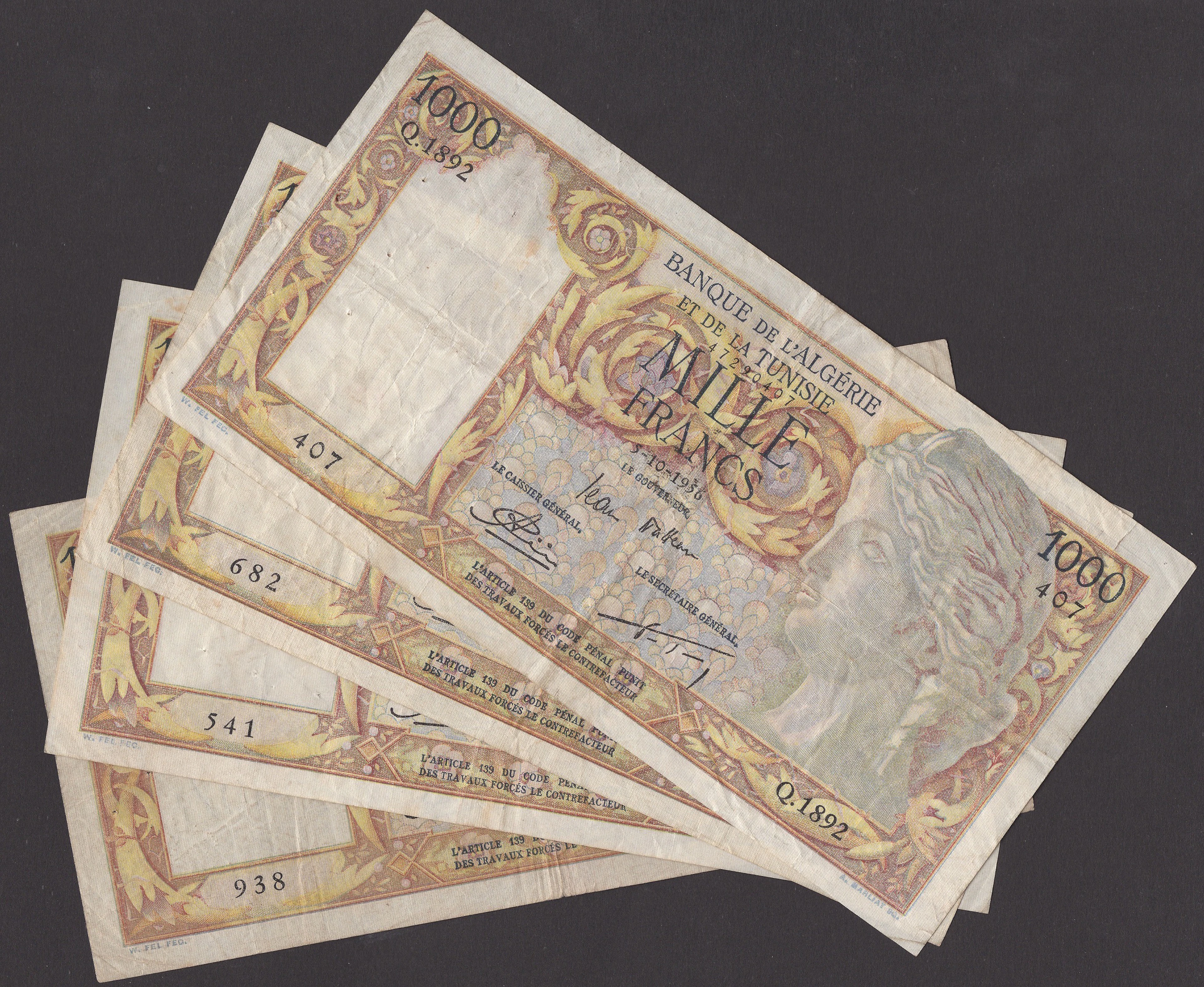 Banque de l’Algerie et de la Tunisie, 1000 Francs (4), 5 October 1956