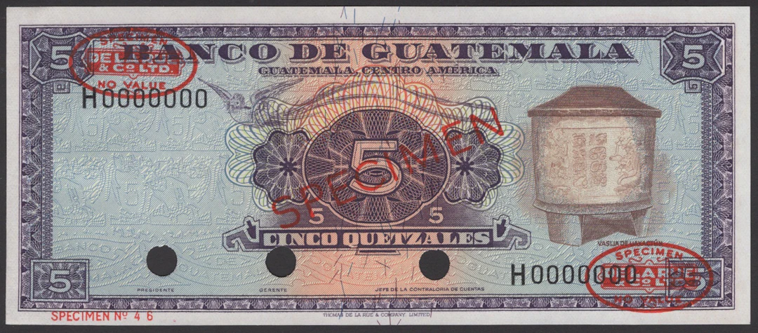 Banco de Guatemala, specimen 5 Quetzales, ND (1964-68), serial number